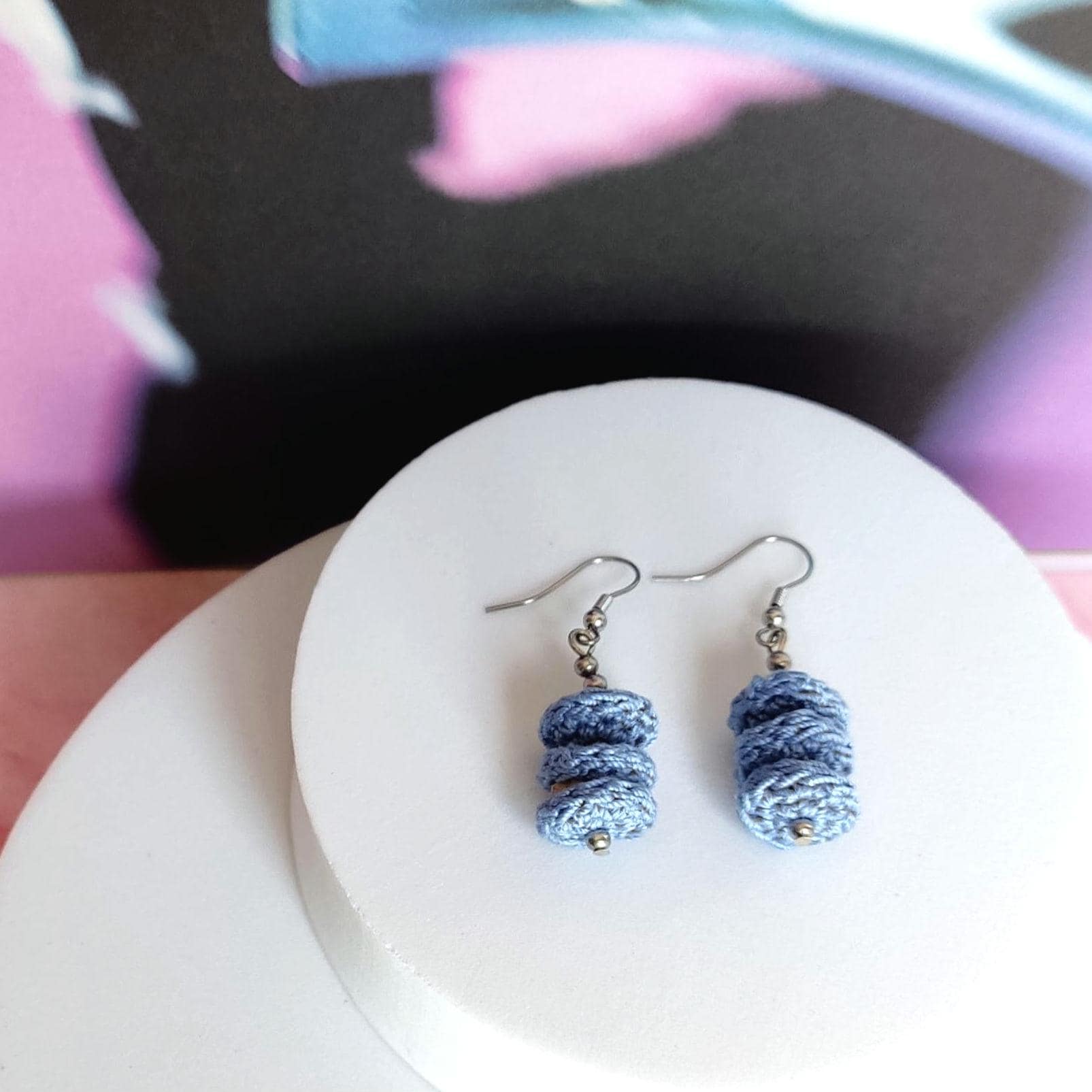 Denim Blue Crochet Dangle Earrings with Steel Beads - Tiered Circle Drop - StepToLight