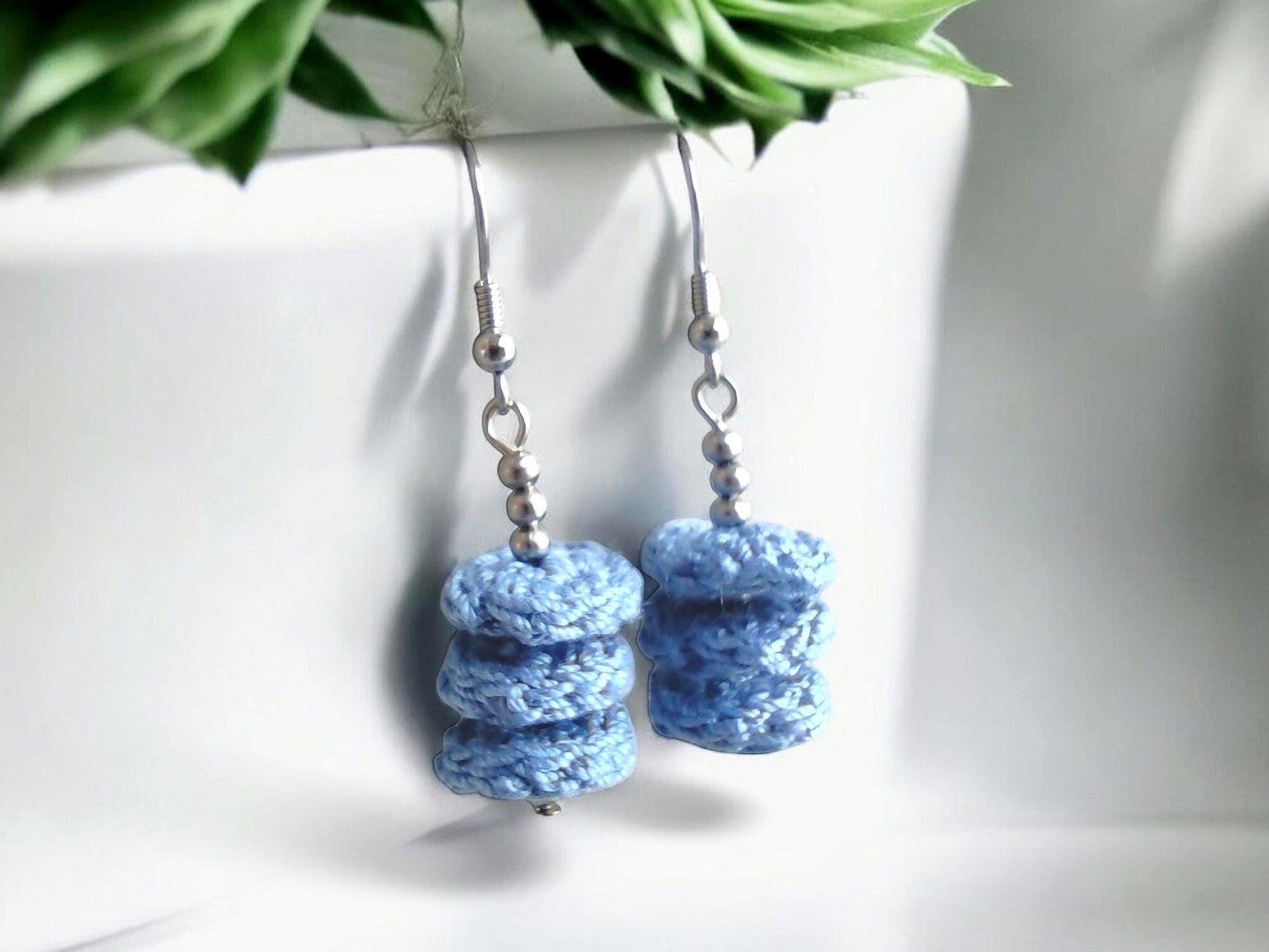 Denim Blue Crochet Dangle Earrings with Steel Beads - Tiered Circle Drop - StepToLight