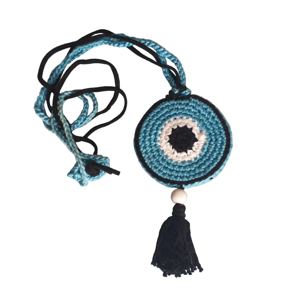 Denim Blue Crochet Evil Eye Pendant Necklace - Beaded Tassel Boho Protection Jewelry - StepToLight