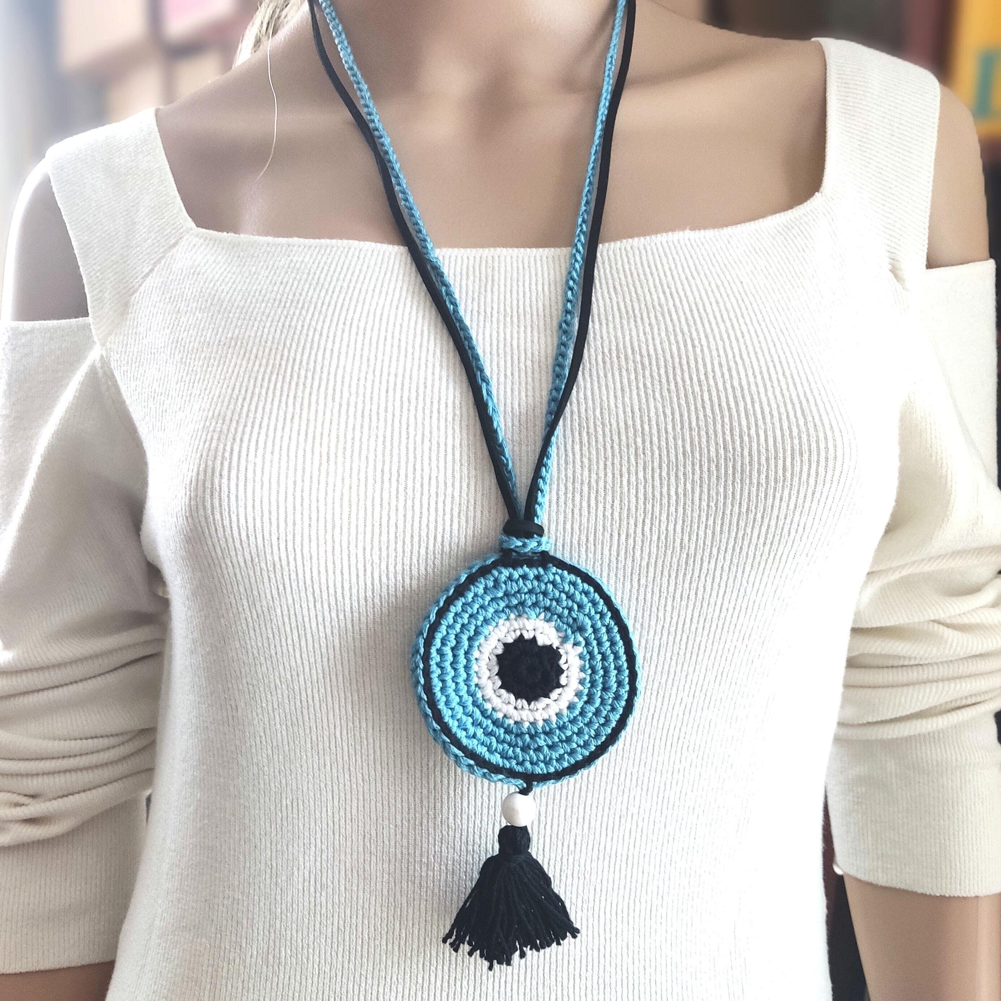 Denim Blue Crochet Evil Eye Pendant Necklace - Beaded Tassel Boho Protection Jewelry - StepToLight