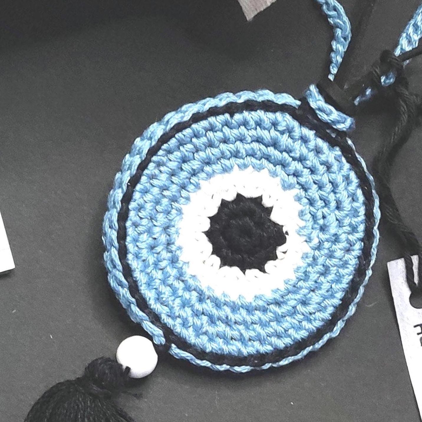 Denim Blue Crochet Evil Eye Pendant Necklace - Beaded Tassel Boho Protection Jewelry - StepToLight
