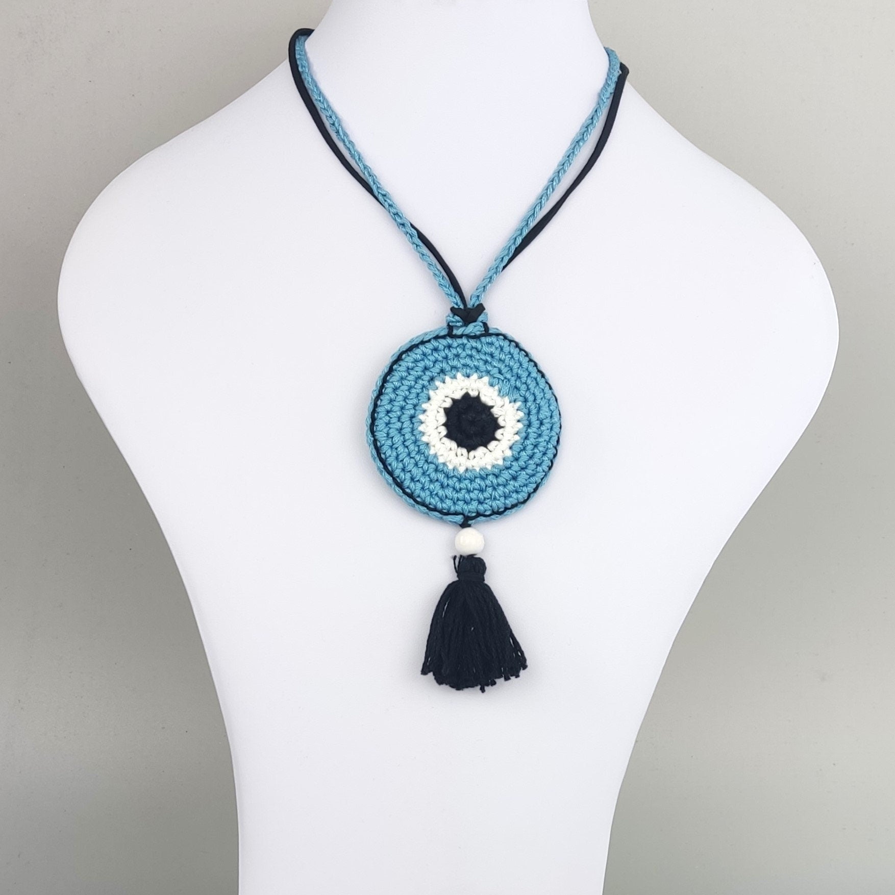 Denim Blue Crochet Evil Eye Pendant Necklace - Beaded Tassel Boho Protection Jewelry - StepToLight