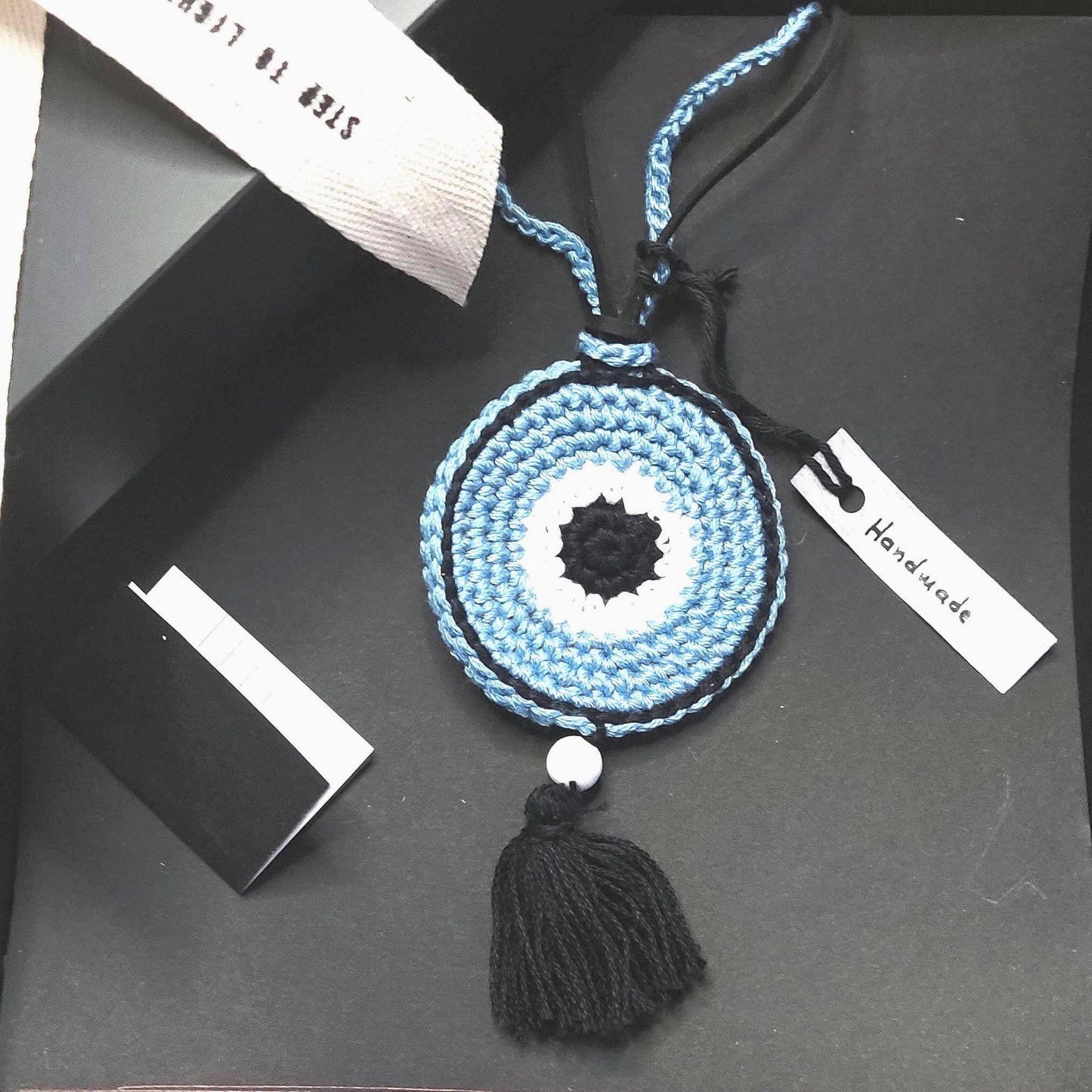 Denim Blue Crochet Evil Eye Pendant Necklace - Beaded Tassel Boho Protection Jewelry - StepToLight