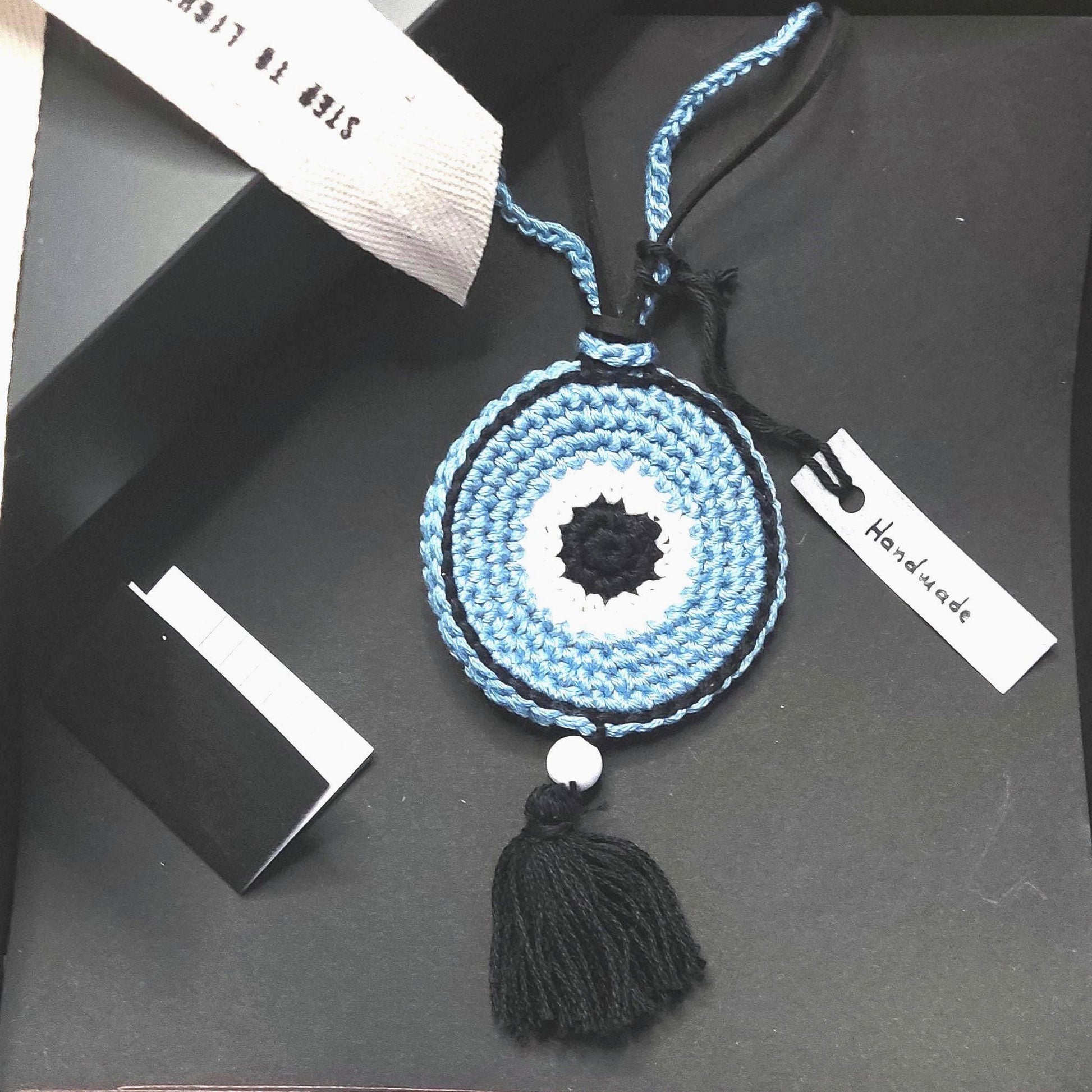 Denim Blue Crochet Evil Eye Pendant Necklace - Beaded Tassel Boho Protection Jewelry - StepToLight
