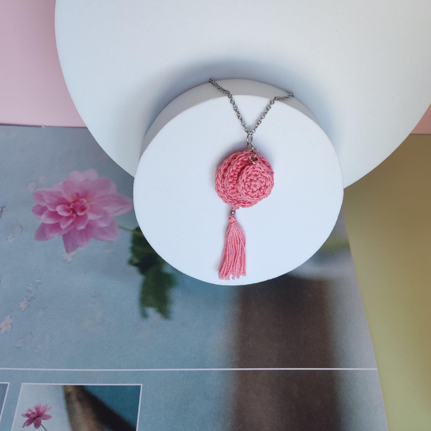 Denim Blue Crochet Pendant Necklace - Handmade Boho Tassel Statement Jewelry - StepToLight
