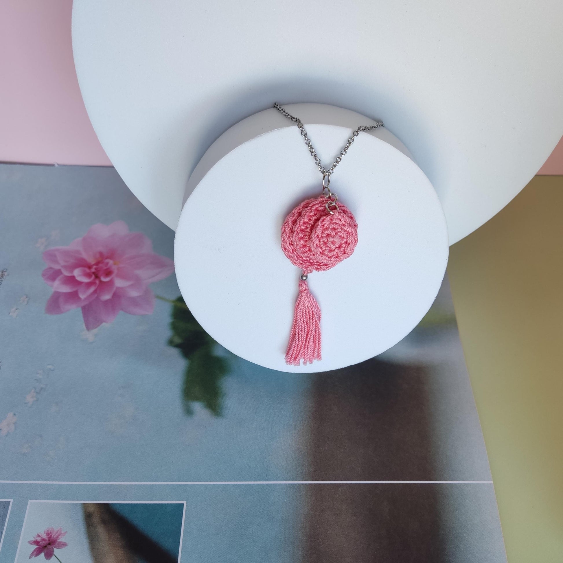 Denim Blue Crochet Pendant Necklace - Handmade Boho Tassel Statement Jewelry - StepToLight