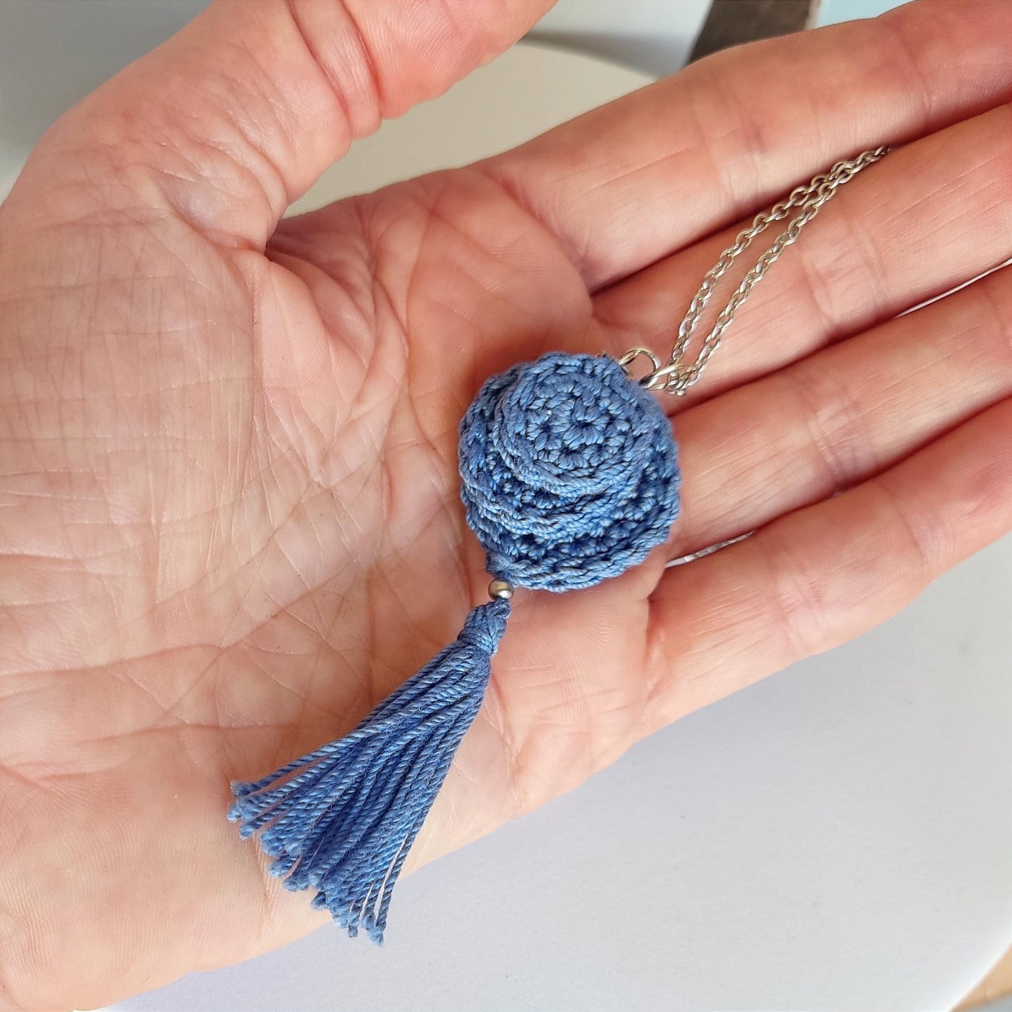Denim Blue Crochet Pendant Necklace - Handmade Boho Tassel Statement Jewelry - StepToLight