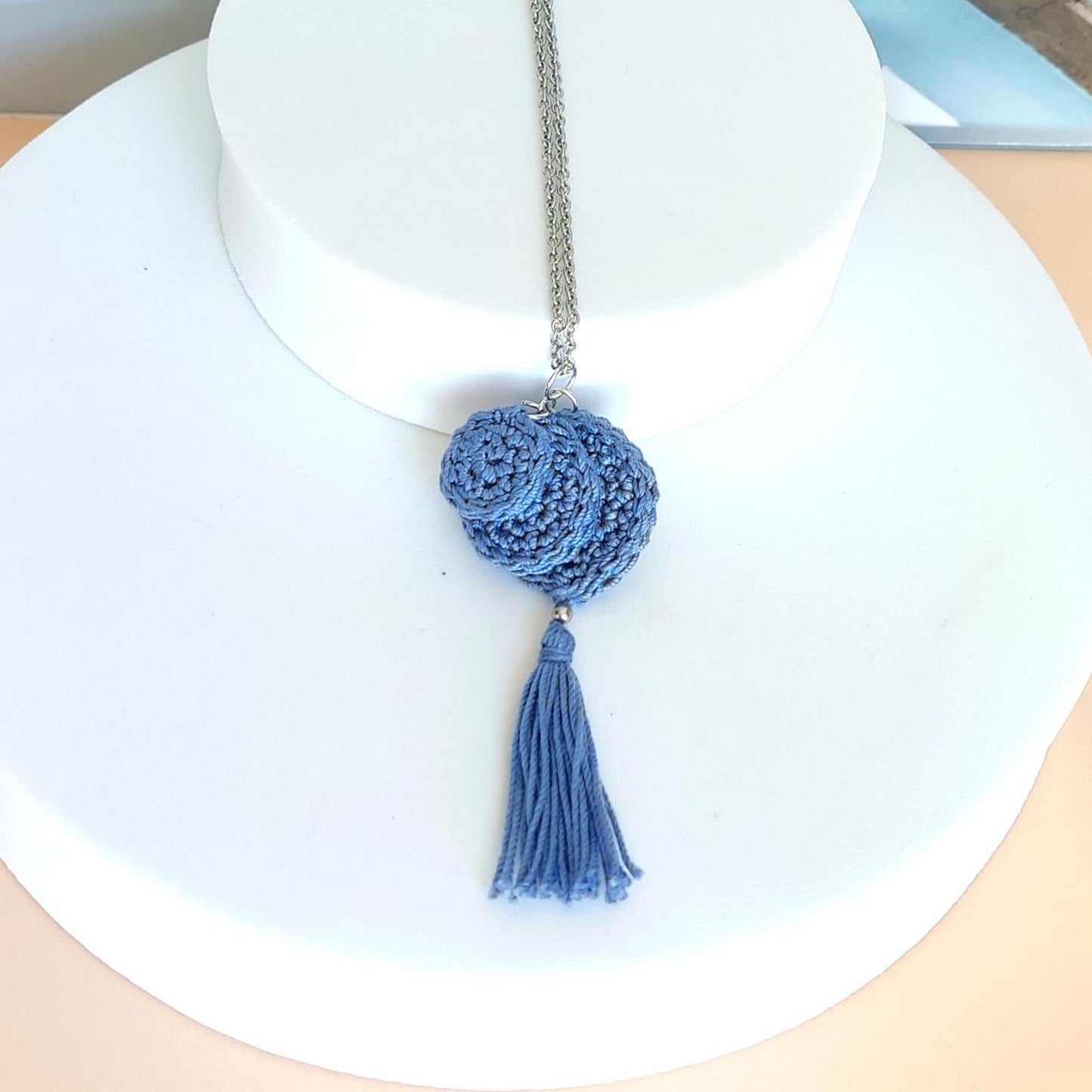 Denim Blue Crochet Pendant Necklace - Handmade Boho Tassel Statement Jewelry - StepToLight