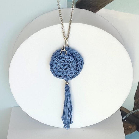 Denim Blue Crochet Pendant Necklace - Handmade Boho Tassel Statement Jewelry - StepToLight