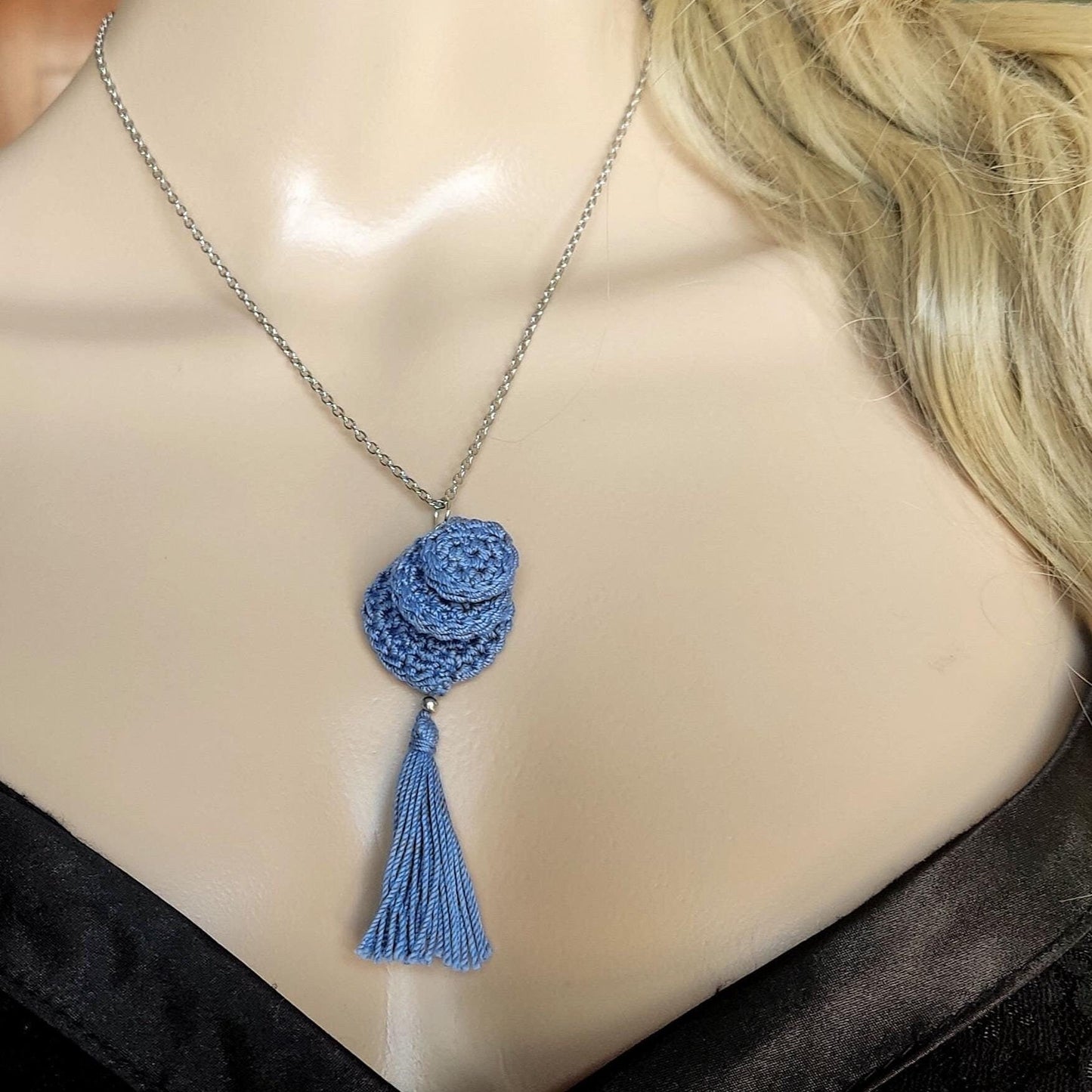 Denim Blue Crochet Pendant Necklace - Handmade Boho Tassel Statement Jewelry - StepToLight