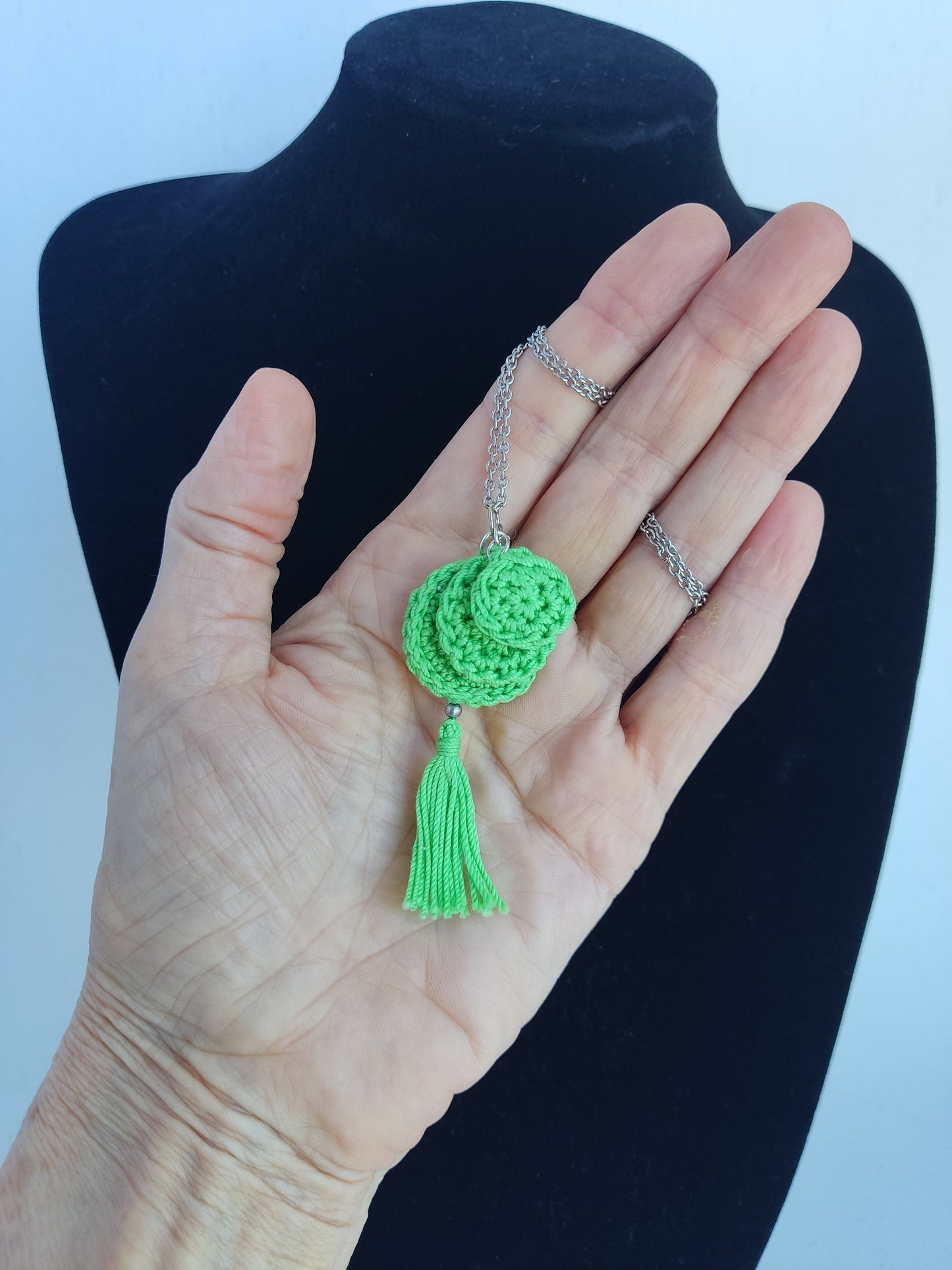 Denim Blue Crochet Pendant Necklace - Handmade Boho Tassel Statement Jewelry - StepToLight