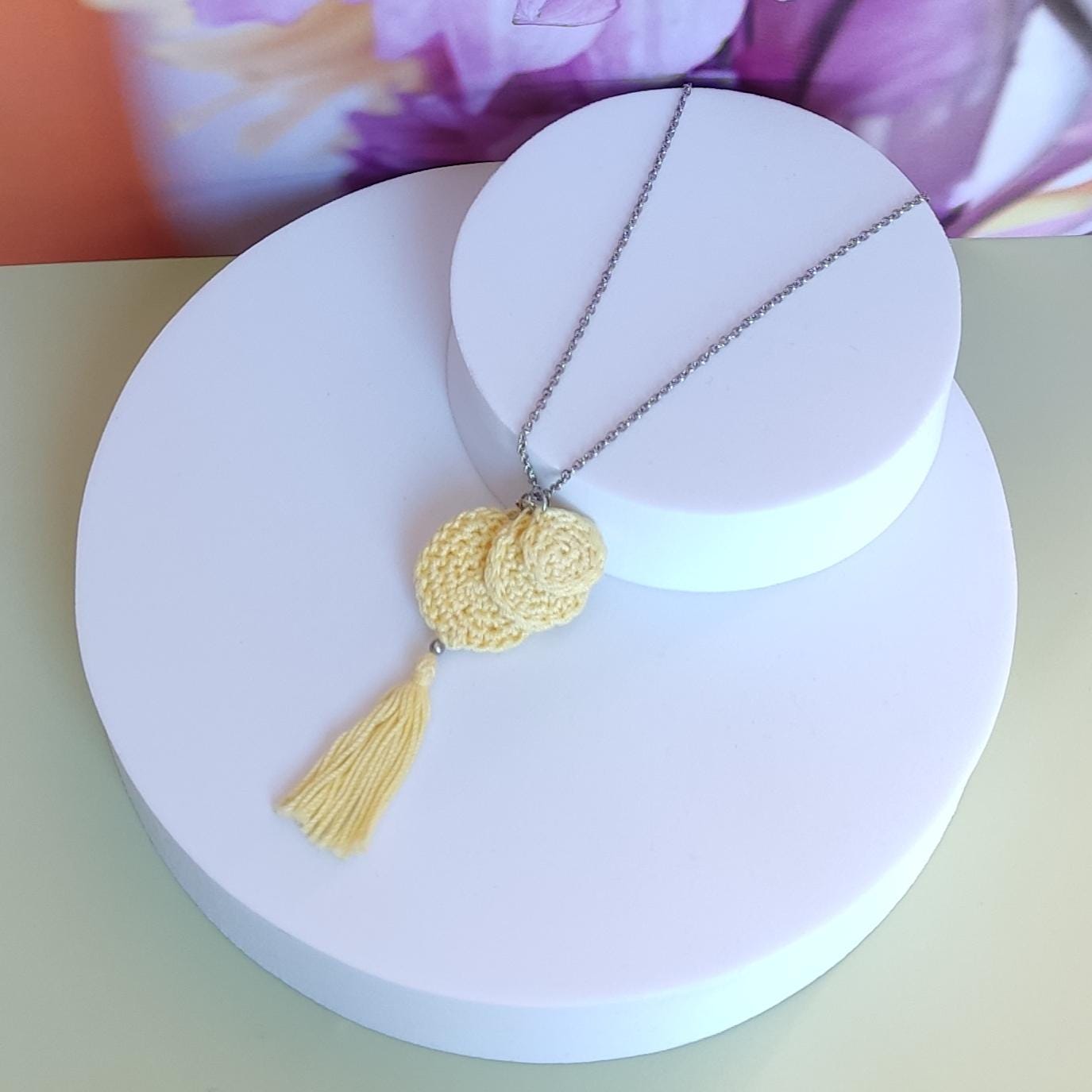 Denim Blue Crochet Pendant Necklace - Handmade Boho Tassel Statement Jewelry - StepToLight