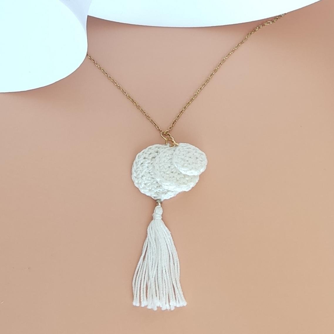 Denim Blue Crochet Pendant Necklace - Handmade Boho Tassel Statement Jewelry - StepToLight