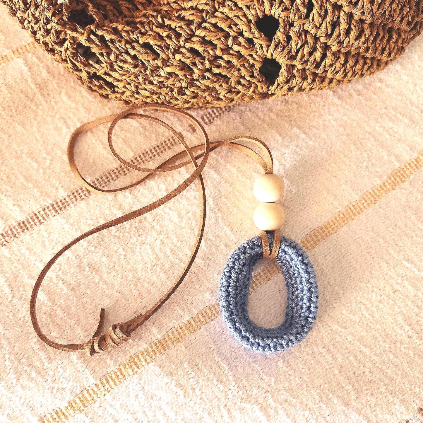 Denim Blue Crochet Pendant Necklace - Wooden Beads Adjustable Leather Cord Boho Jewelry - StepToLight