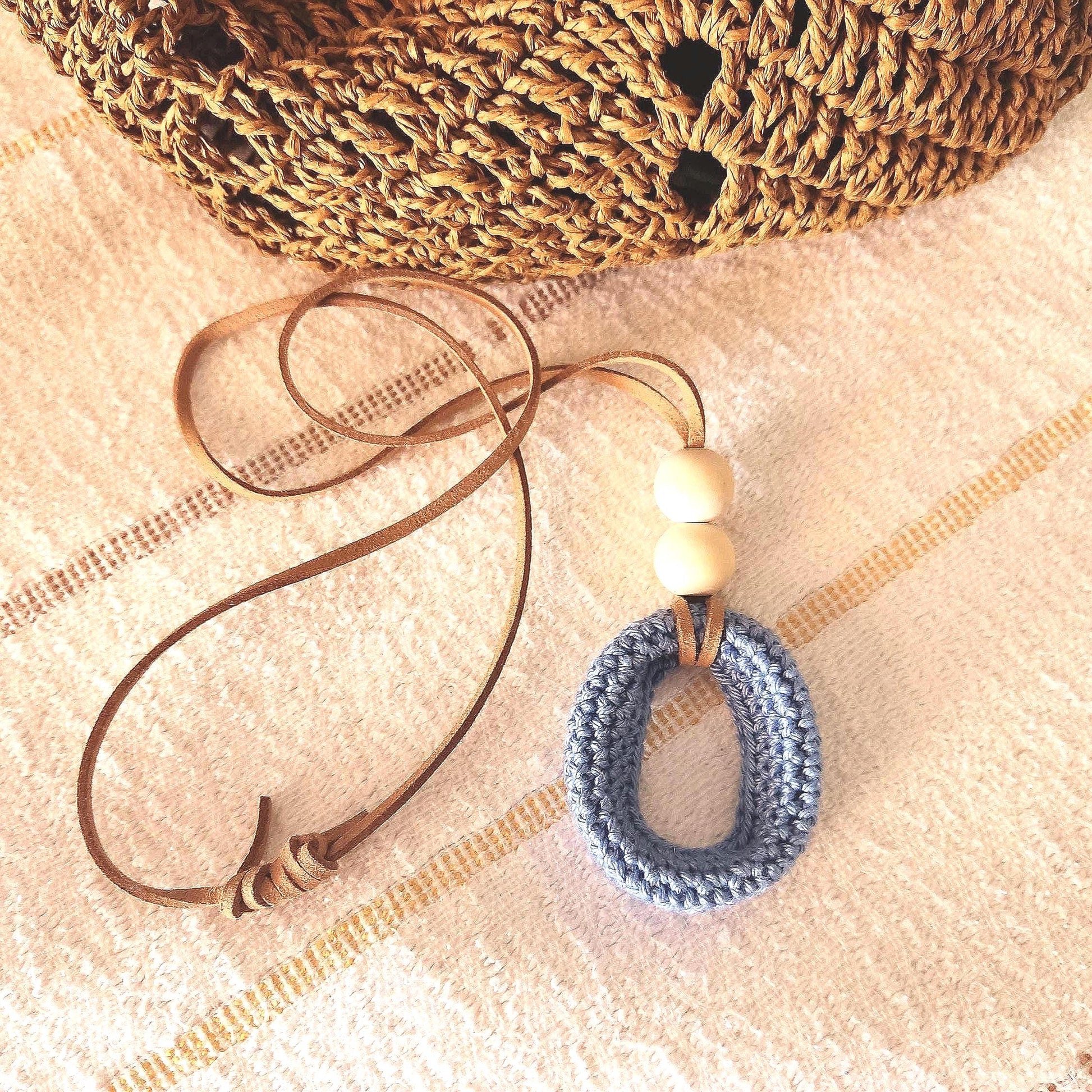 Denim Blue Crochet Pendant Necklace - Wooden Beads Adjustable Leather Cord Boho Jewelry - StepToLight