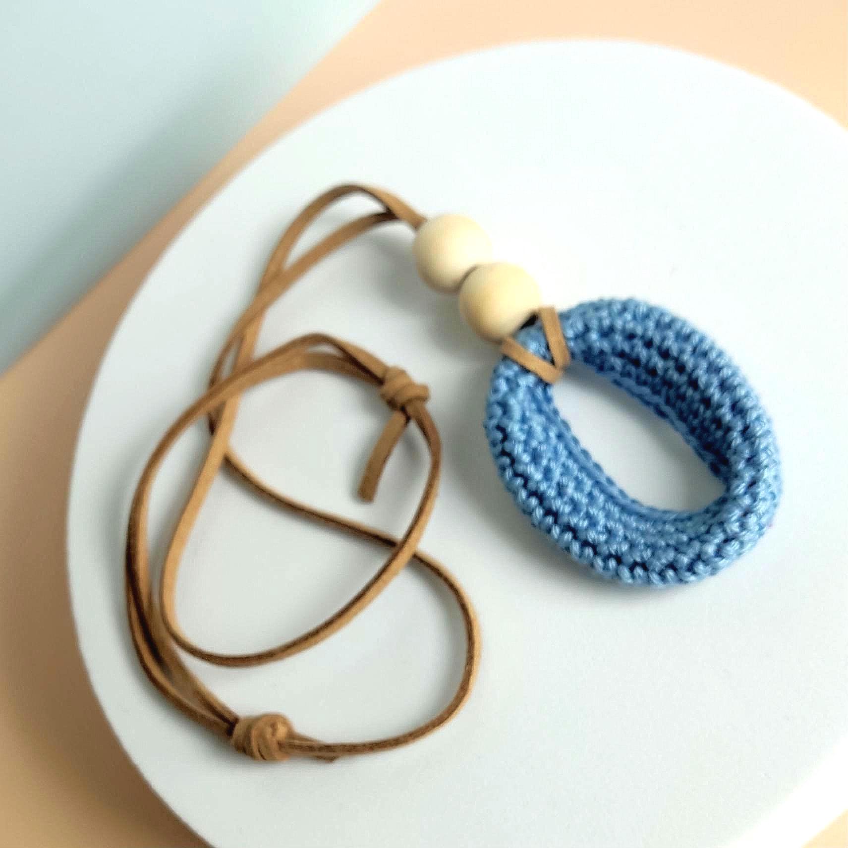 Denim Blue Crochet Pendant Necklace - Wooden Beads Adjustable Leather Cord Boho Jewelry - StepToLight
