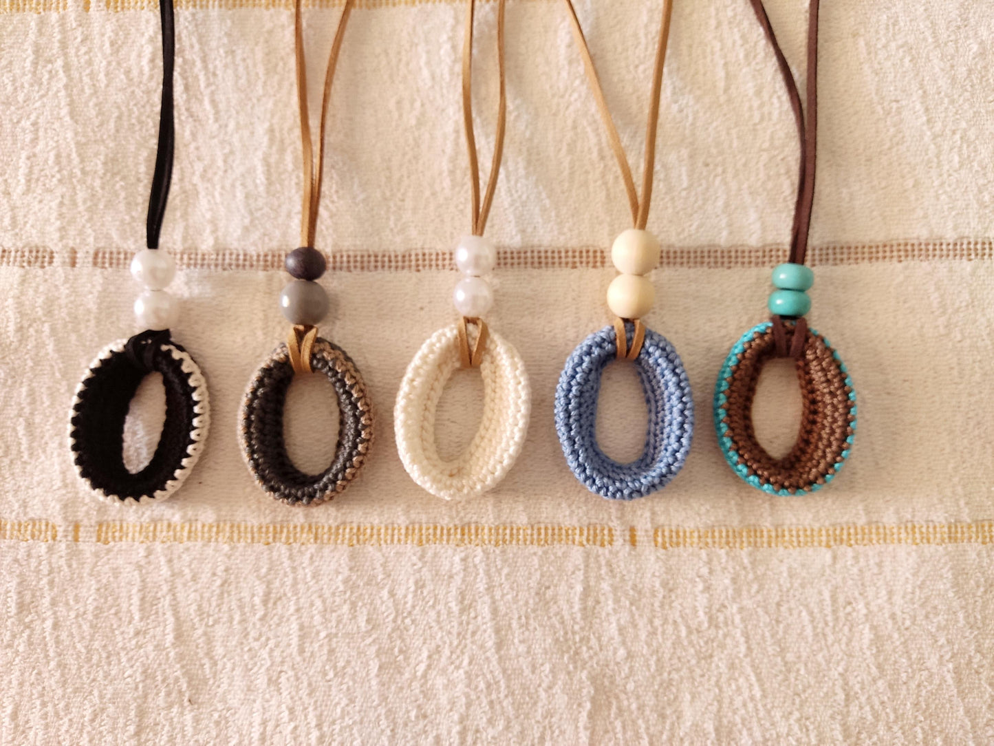 Denim Blue Crochet Pendant Necklace - Wooden Beads Adjustable Leather Cord Boho Jewelry - StepToLight