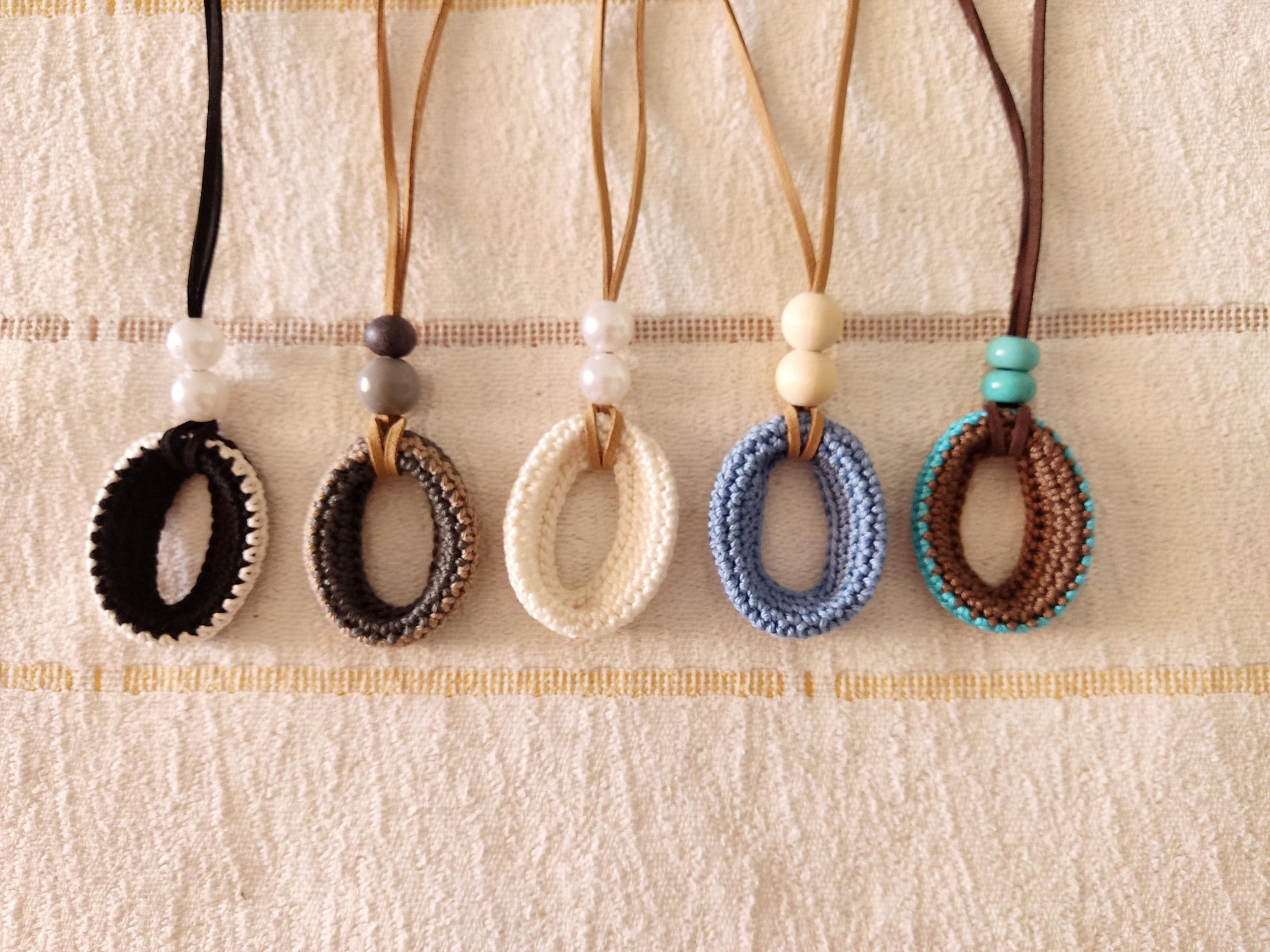 Denim Blue Crochet Pendant Necklace - Wooden Beads Adjustable Leather Cord Boho Jewelry - StepToLight