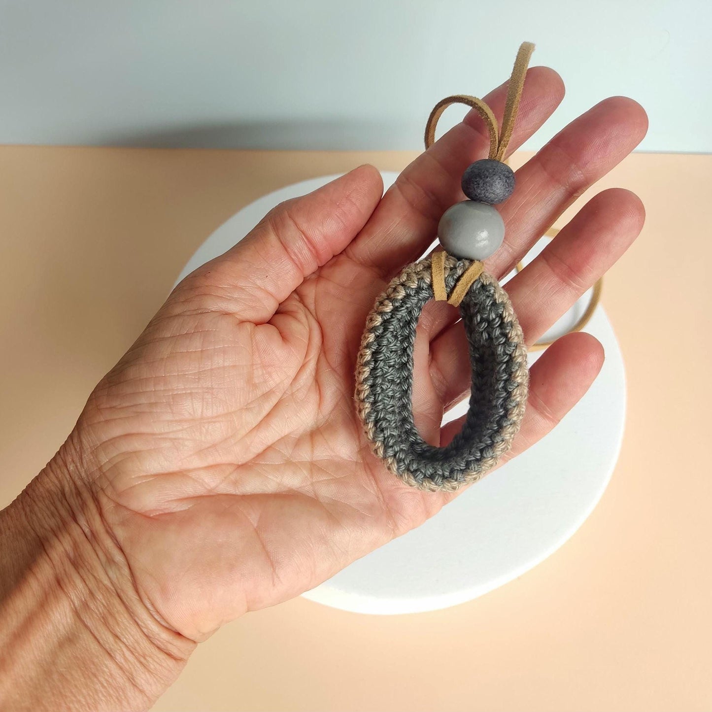 Denim Blue Crochet Pendant Necklace - Wooden Beads Adjustable Leather Cord Boho Jewelry - StepToLight