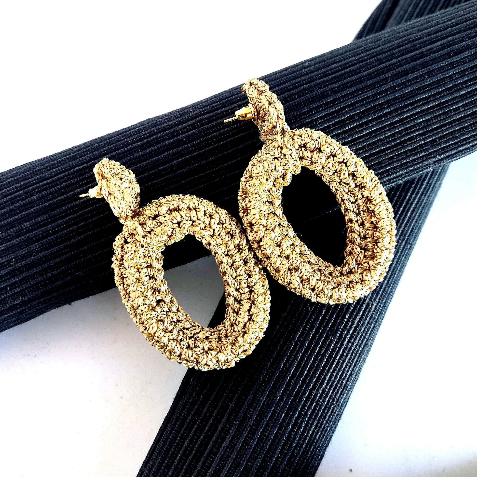 Emerald Green Crochet Hoop Earrings: Cotton Yarn, Gold Plated Studs - StepToLight