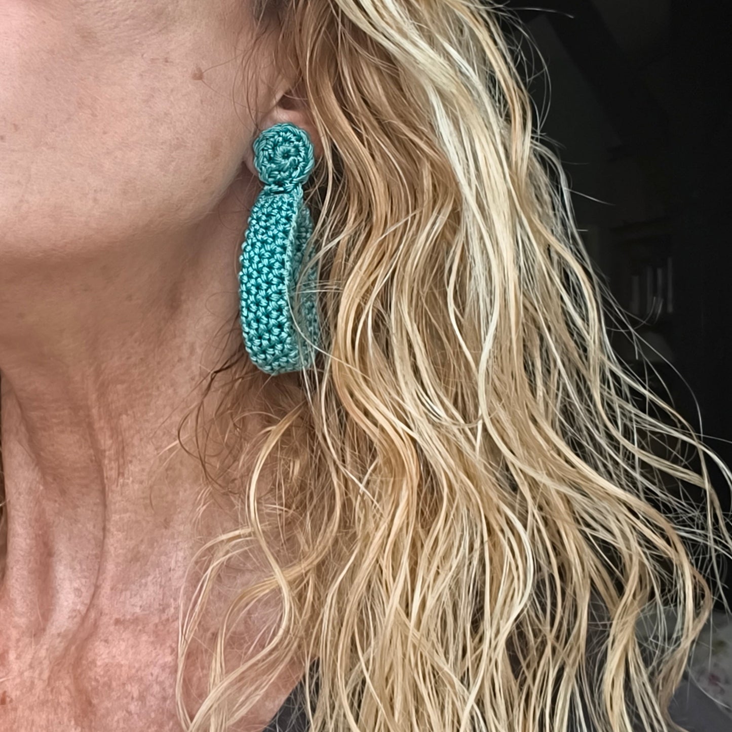 Emerald Green Crochet Hoop Earrings: Cotton Yarn, Gold Plated Studs - StepToLight