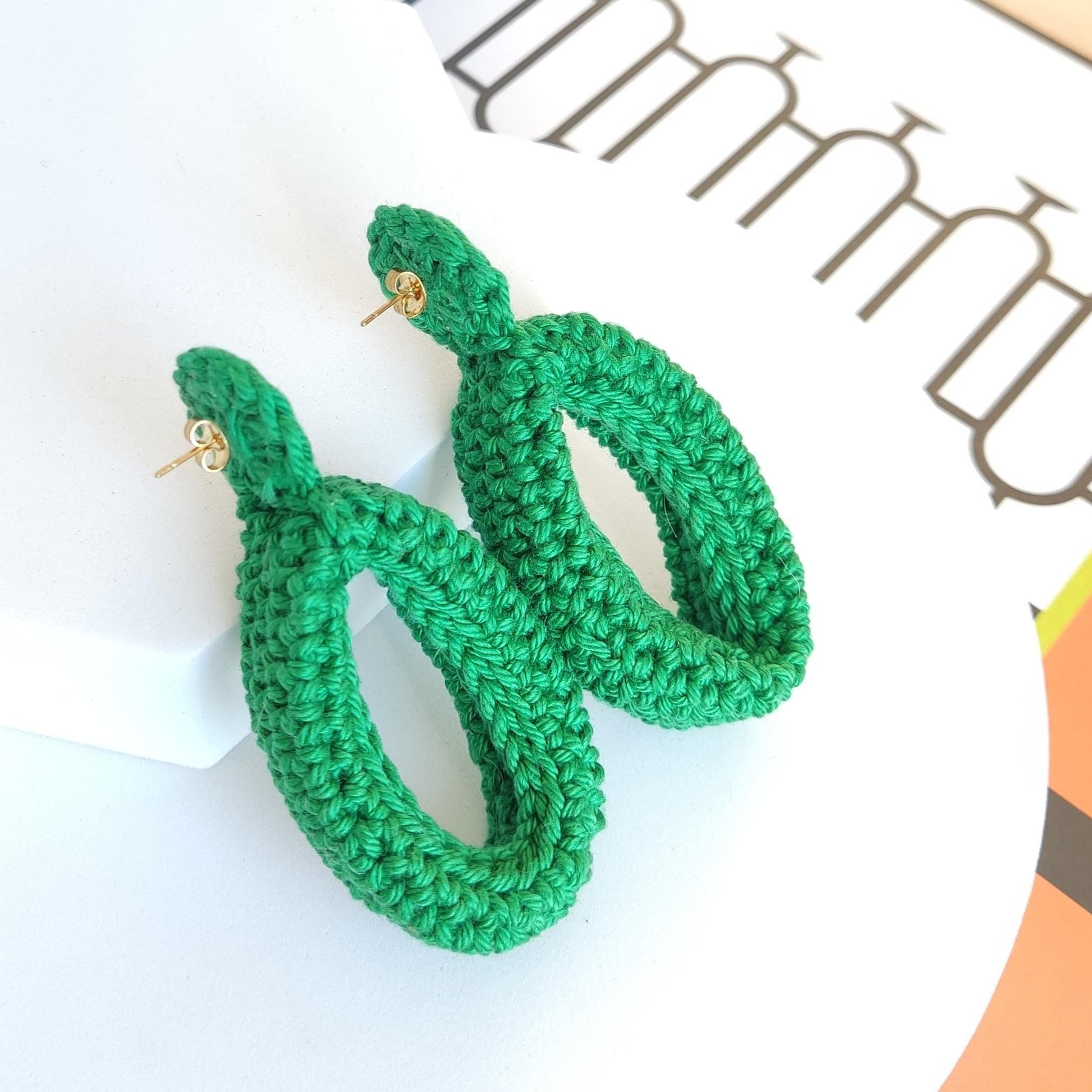 Emerald Green Crochet Hoop Earrings: Cotton Yarn, Gold Plated Studs - StepToLight