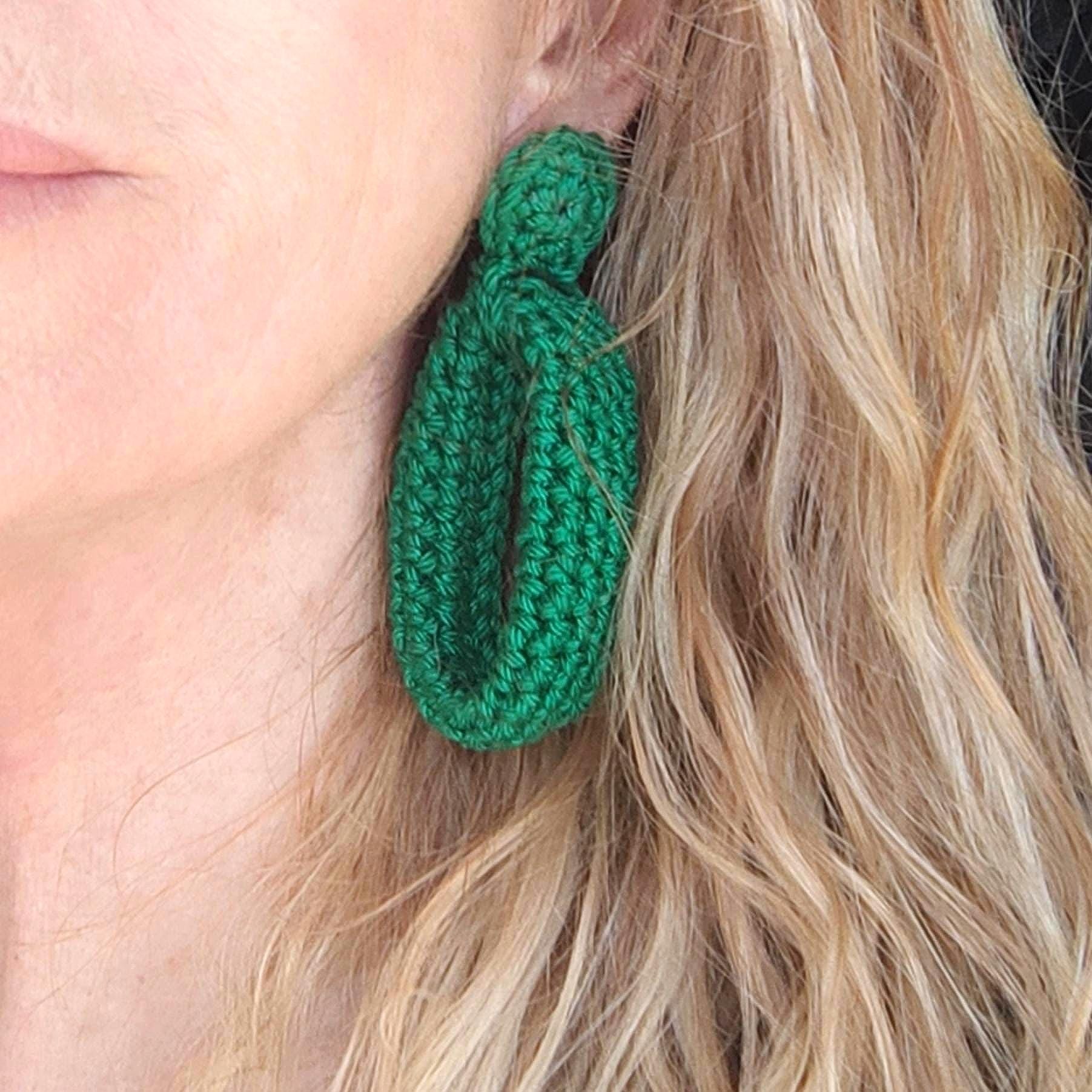 Emerald Green Crochet Hoop Earrings: Cotton Yarn, Gold Plated Studs - StepToLight