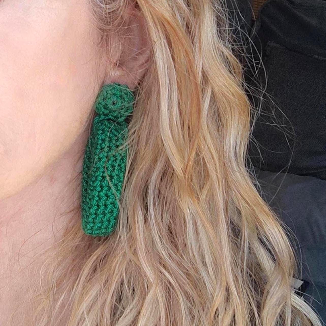 Emerald Green Crochet Hoop Earrings: Cotton Yarn, Gold Plated Studs - StepToLight