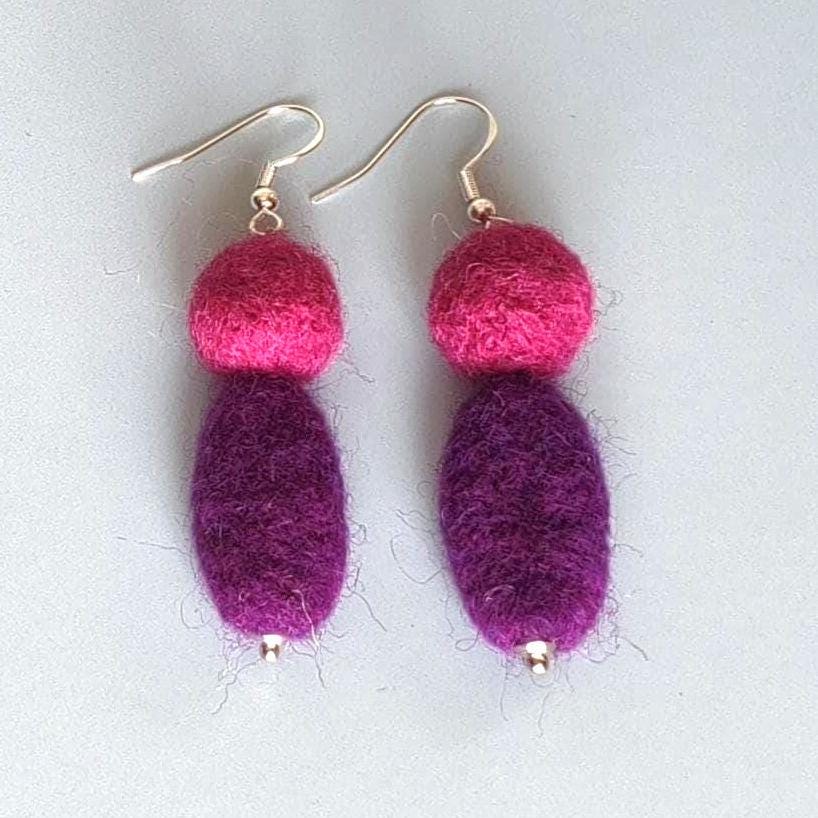 Emerald Green & Rust Brown Felt Dangle Earrings - Handmade Needle Felted Statement Jewelry - StepToLight