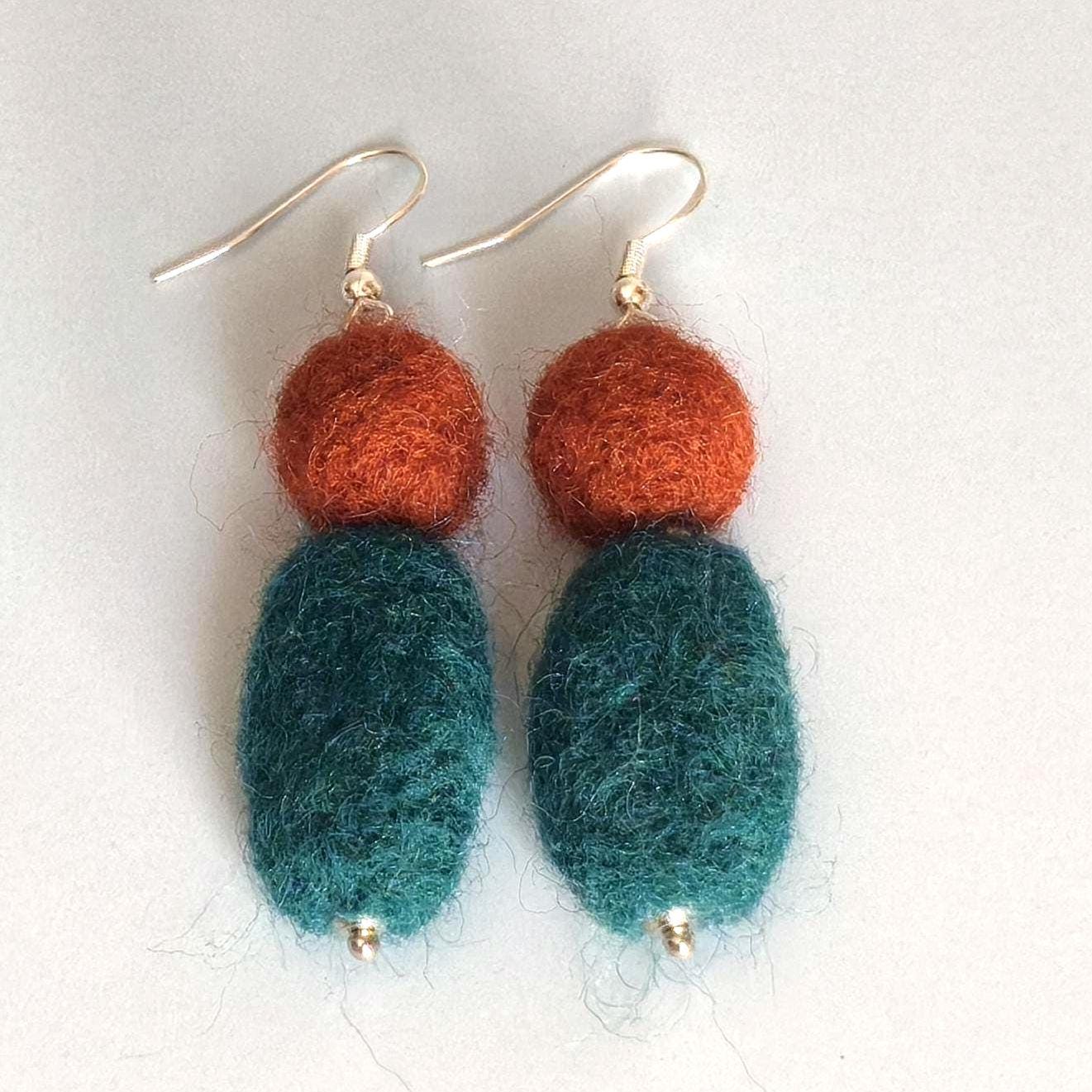 Emerald Green & Rust Brown Felt Dangle Earrings - Handmade Needle Felted Statement Jewelry - StepToLight