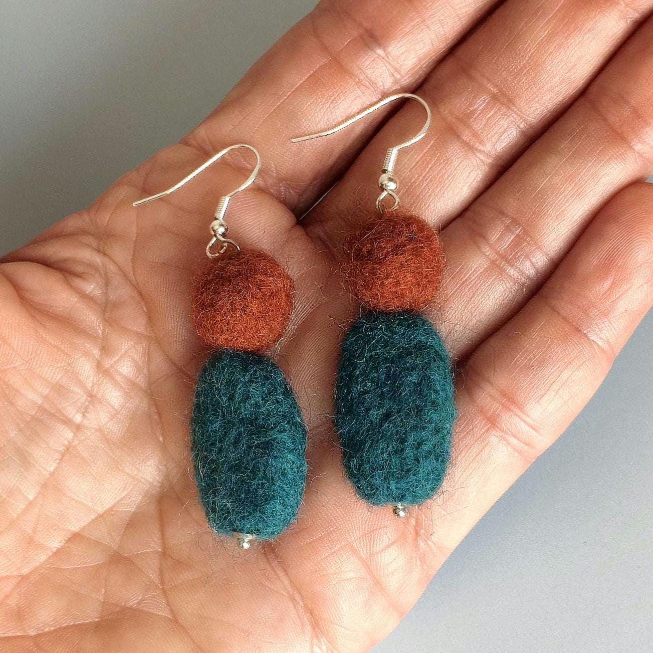 Emerald Green & Rust Brown Felt Dangle Earrings - Handmade Needle Felted Statement Jewelry - StepToLight