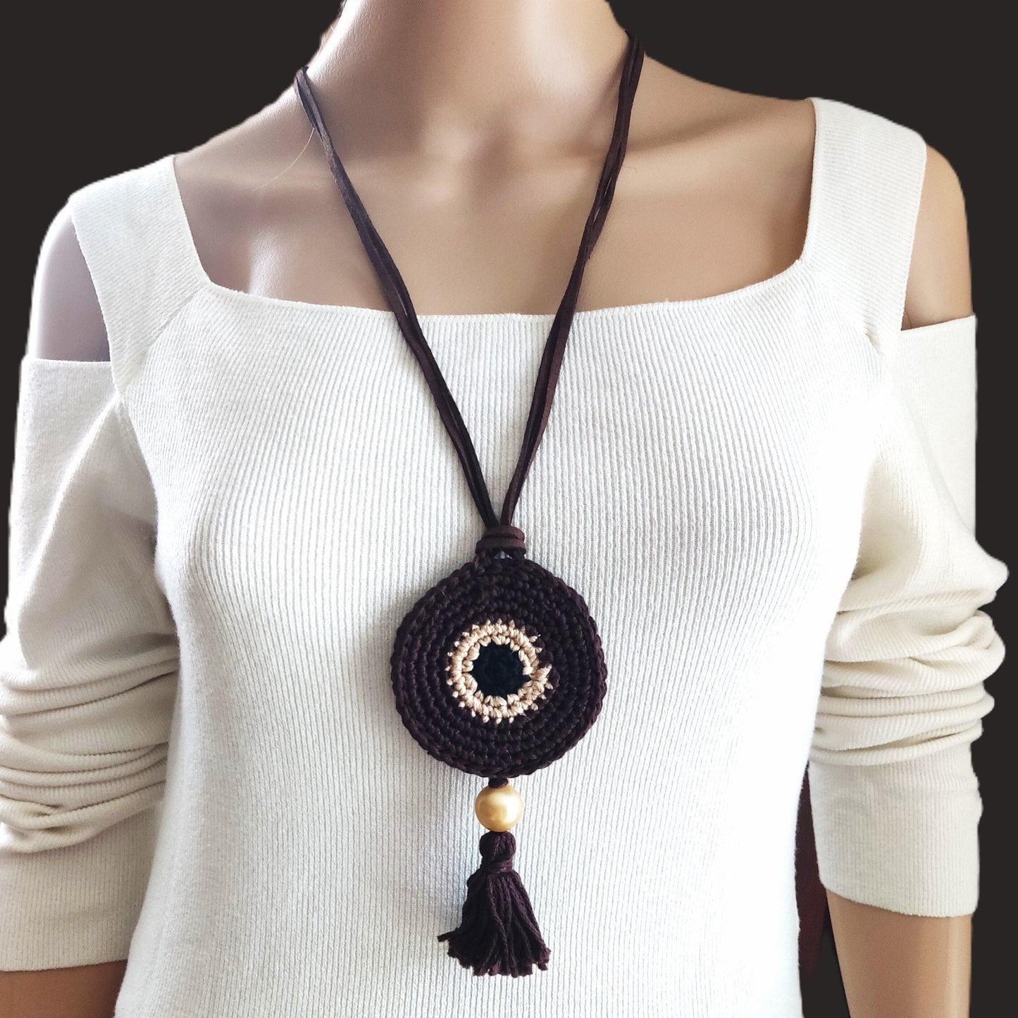 Espresso Brown Crochet Evil Eye Pendant Necklace - Beaded Tassel Boho Protection Jewelry - StepToLight