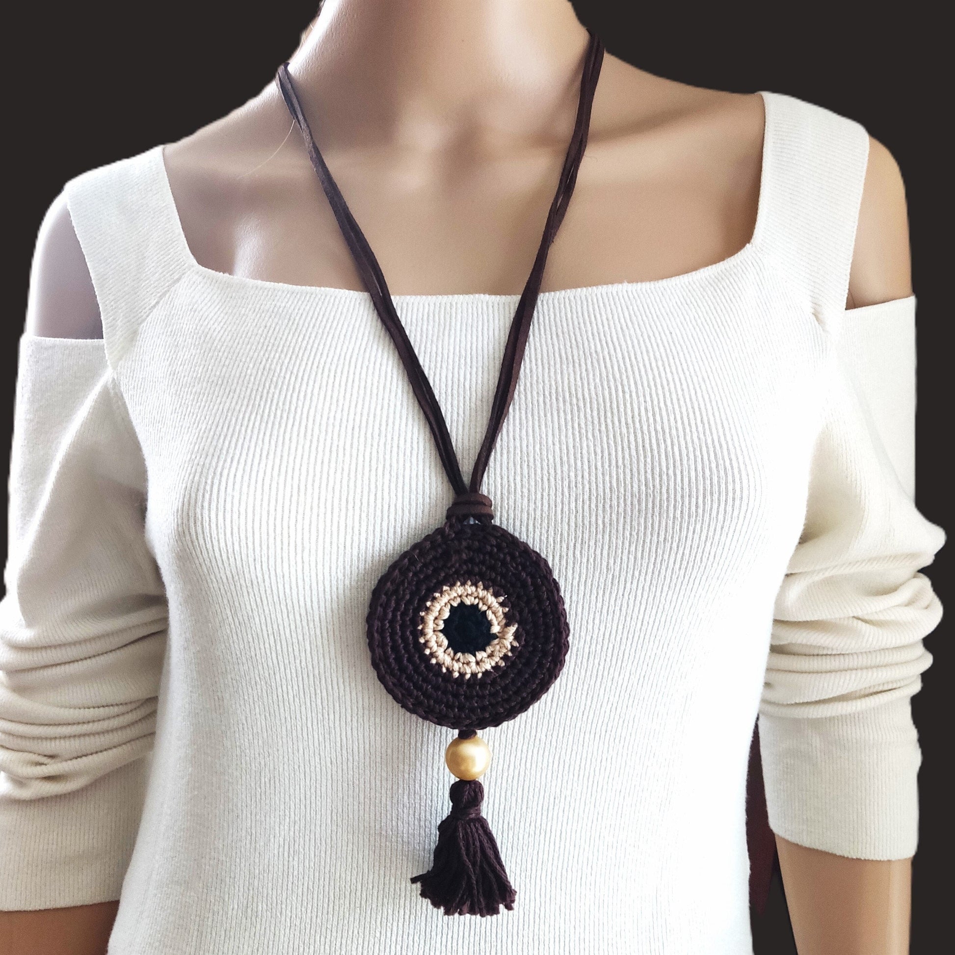Espresso Brown Crochet Evil Eye Pendant Necklace - Beaded Tassel Boho Protection Jewelry - StepToLight