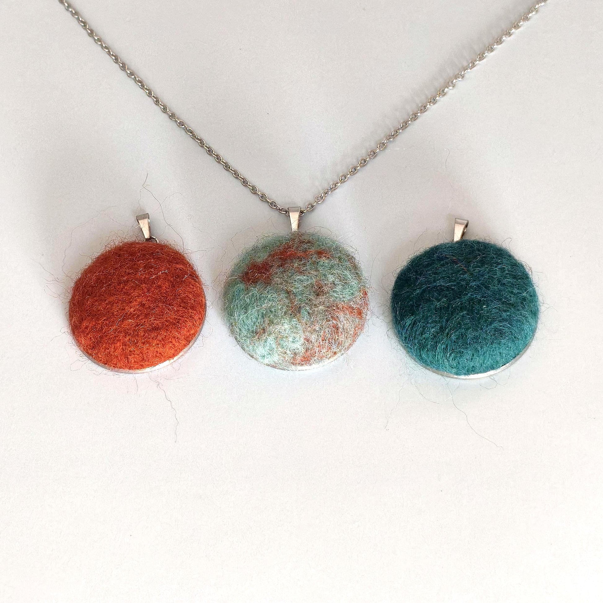 Felt Cabochon Necklace | Needle Felted Pendant | Handmade Fiber Jewelry | Emerald Green, Rust Brown, Green Melange - StepToLight