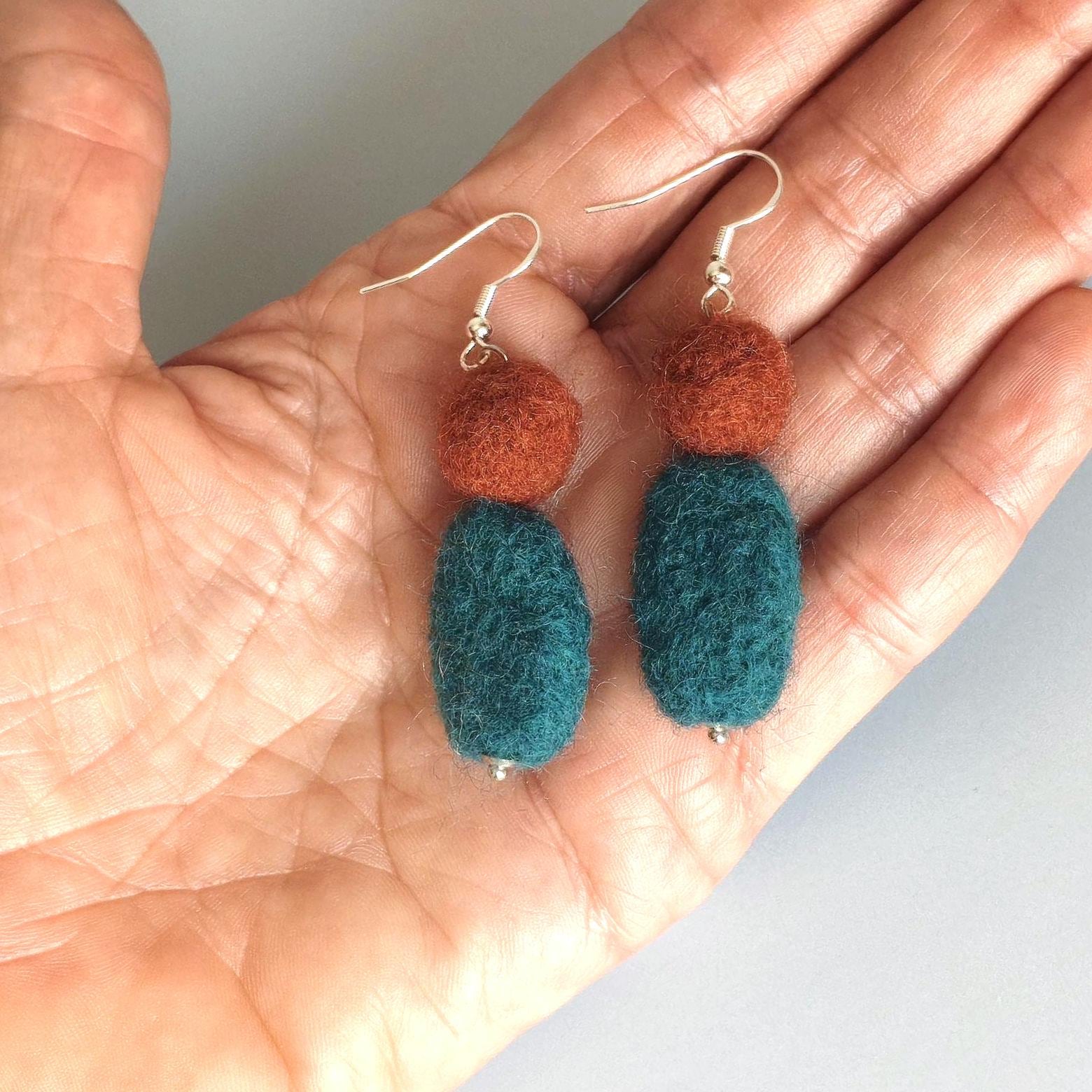 Felt Cabochon Necklace | Needle Felted Pendant | Handmade Fiber Jewelry | Emerald Green, Rust Brown, Green Melange - StepToLight