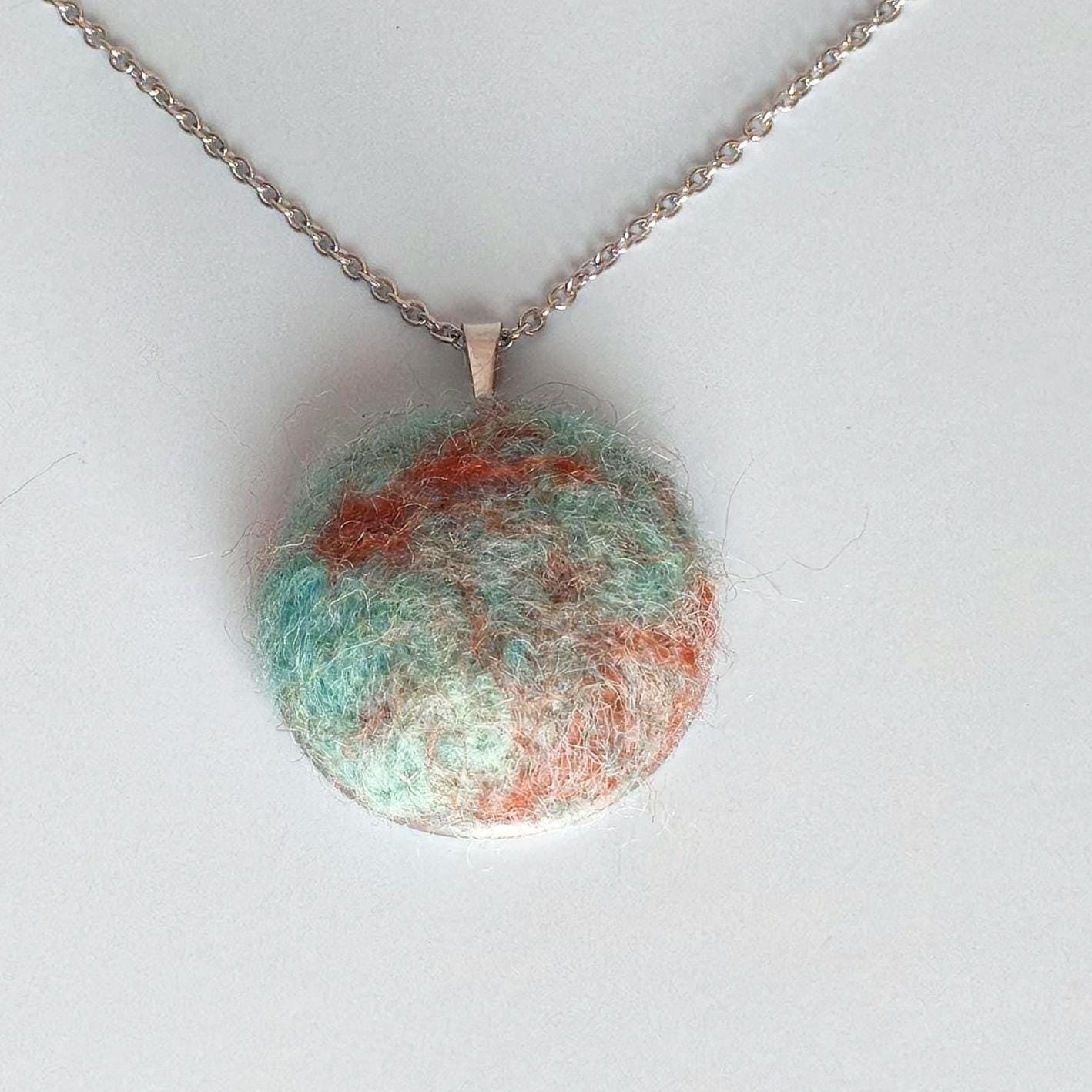 Felt Cabochon Necklace | Needle Felted Pendant | Handmade Fiber Jewelry | Emerald Green, Rust Brown, Green Melange - StepToLight