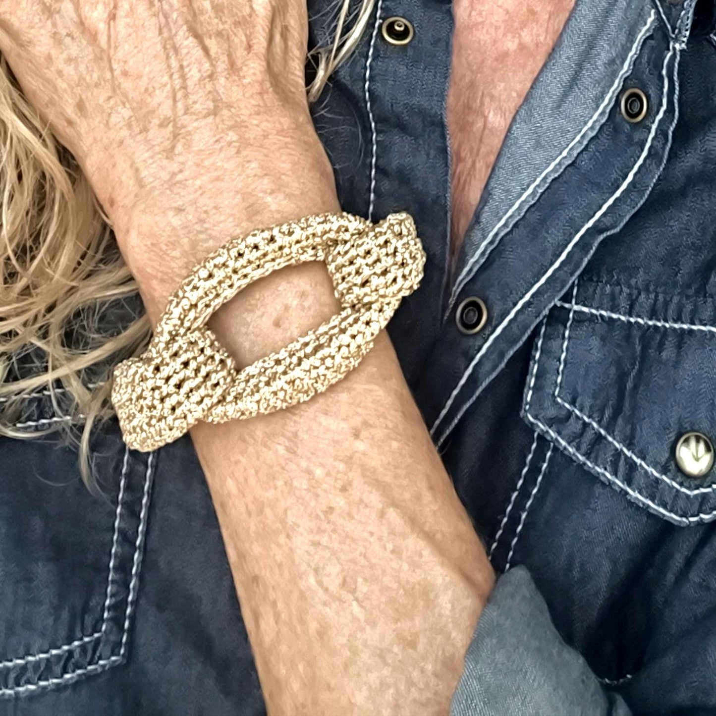 Gold Crochet Cuff Bracelet - Chunky Braided Statement Jewelry - Handmade Gift for Her - StepToLight