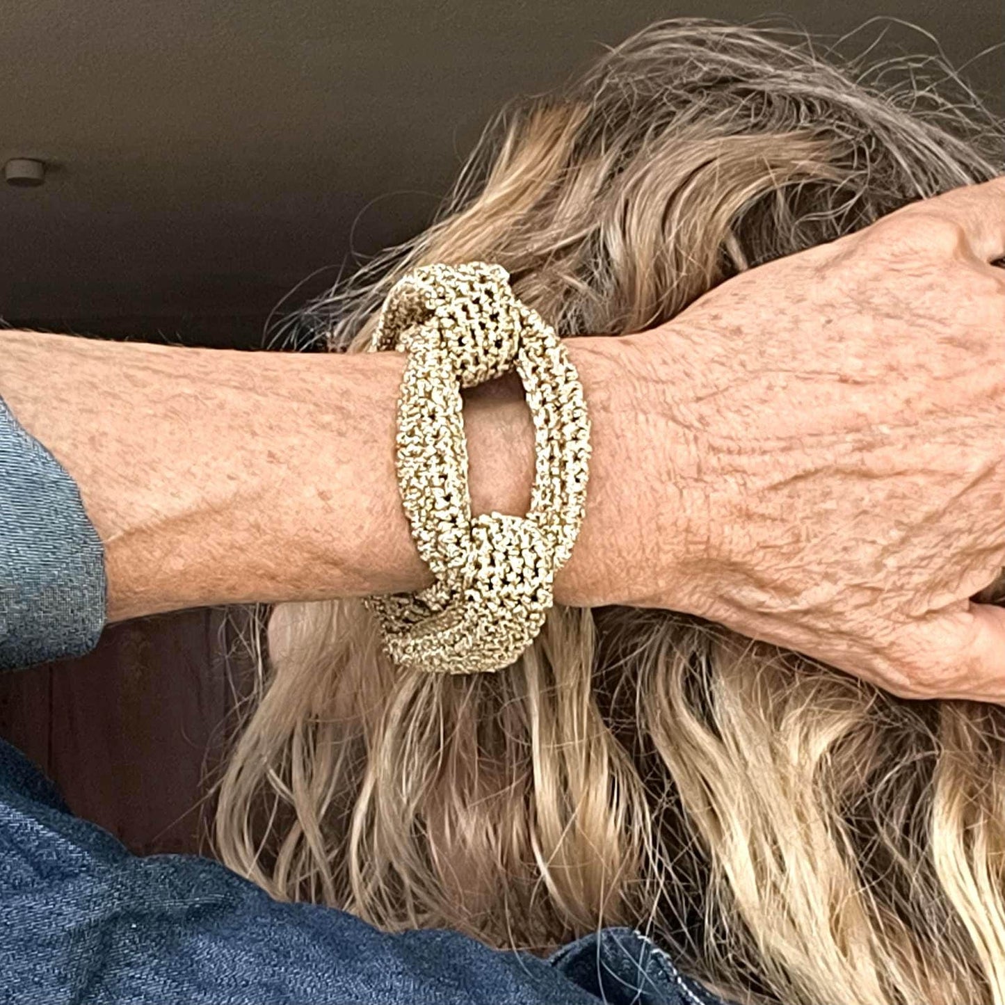 Gold Crochet Cuff Bracelet - Chunky Braided Statement Jewelry - Handmade Gift for Her - StepToLight