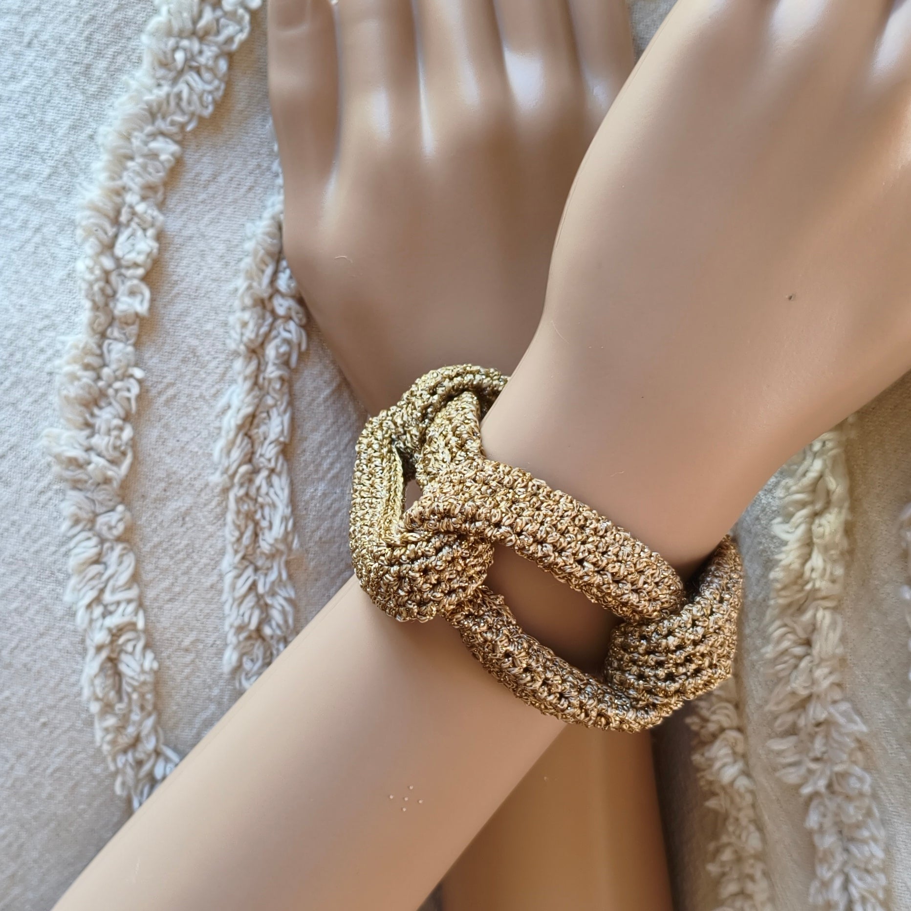 Gold Crochet Cuff Bracelet - Chunky Braided Statement Jewelry - Handmade Gift for Her - StepToLight