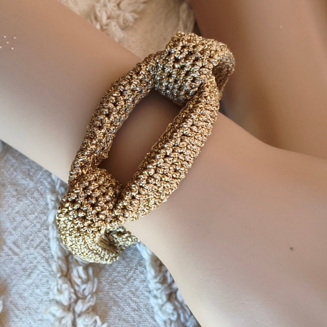 Gold Crochet Cuff Bracelet - Chunky Braided Statement Jewelry - Handmade Gift for Her - StepToLight