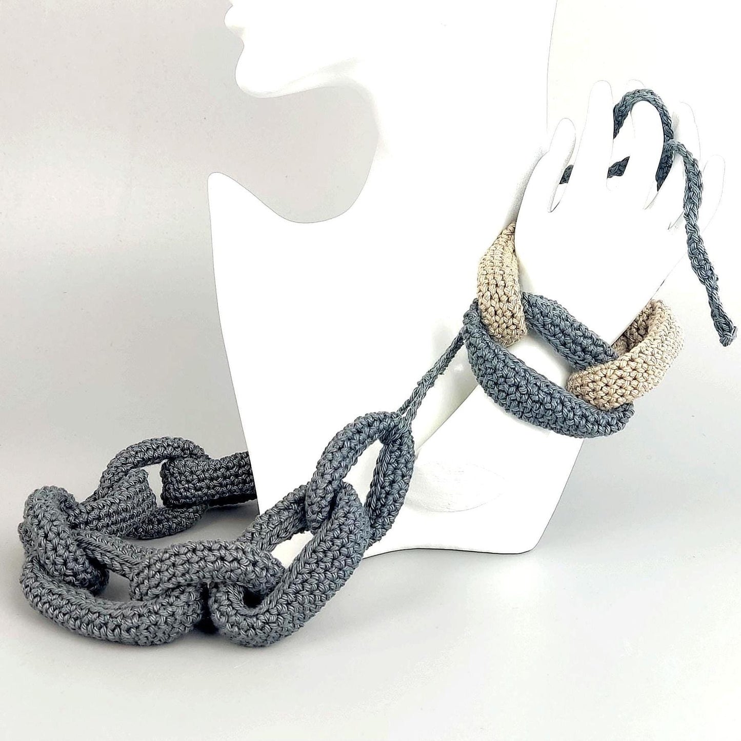 Gray Beige Crochet Jewelry Set | Chunky Chain Necklace & Bracelet | Handmade Gift Set - StepToLight