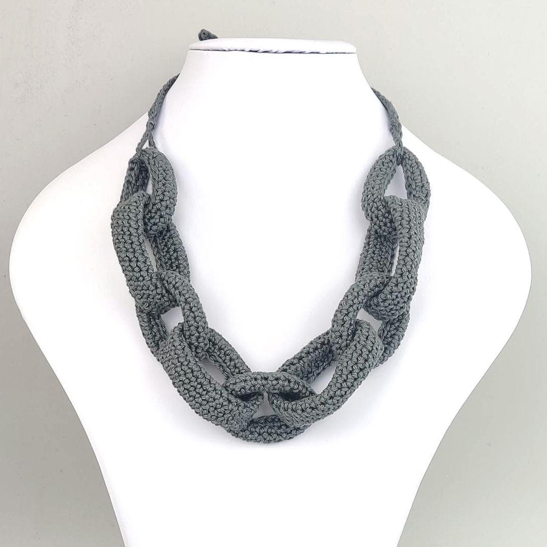 Gray Beige Crochet Jewelry Set | Chunky Chain Necklace & Bracelet | Handmade Gift Set - StepToLight