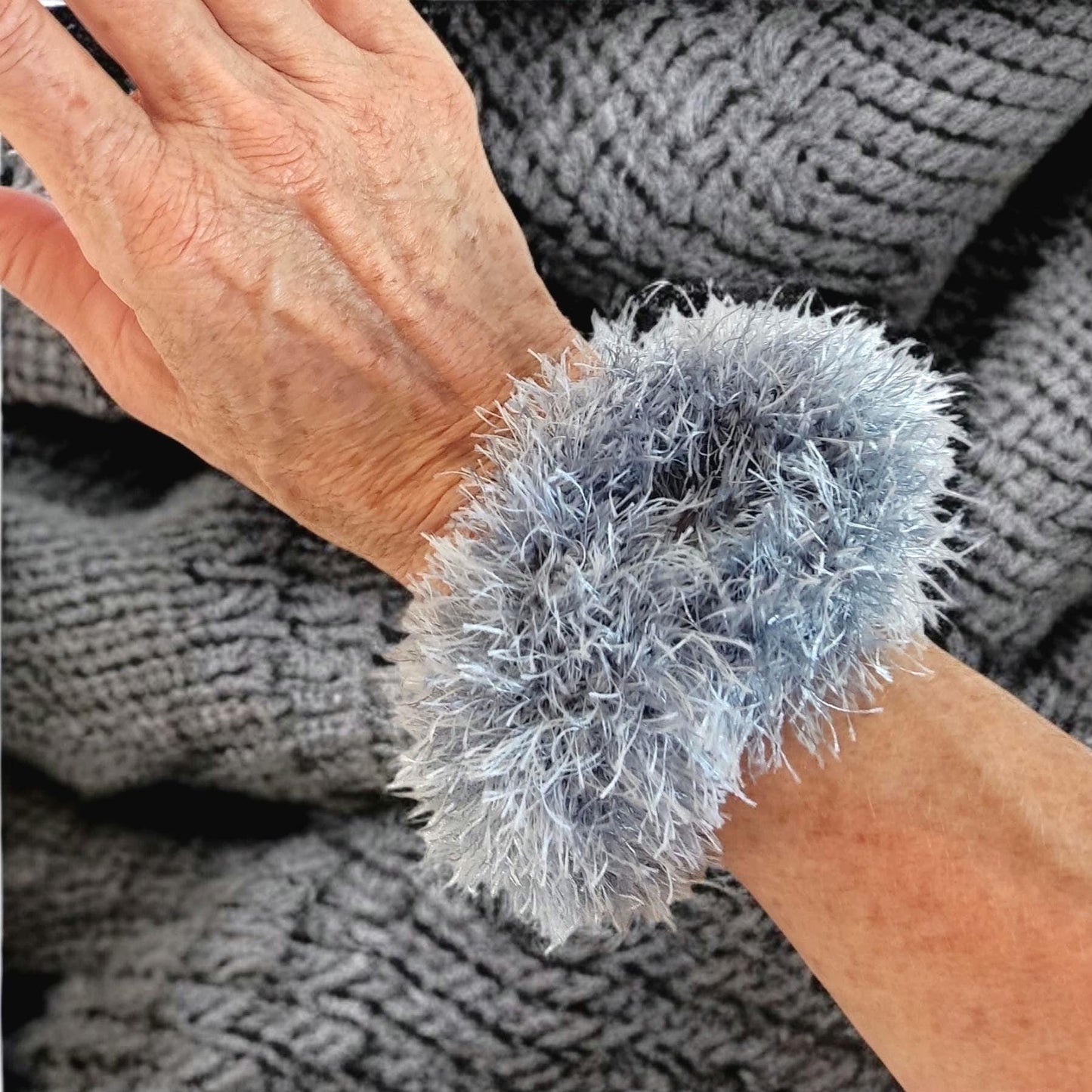 Gray Chunky Faux Fur Crochet Bracelet - Fluffy Cuff Bangle - StepToLight