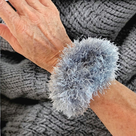 Gray Chunky Faux Fur Crochet Bracelet - Fluffy Cuff Bangle - StepToLight