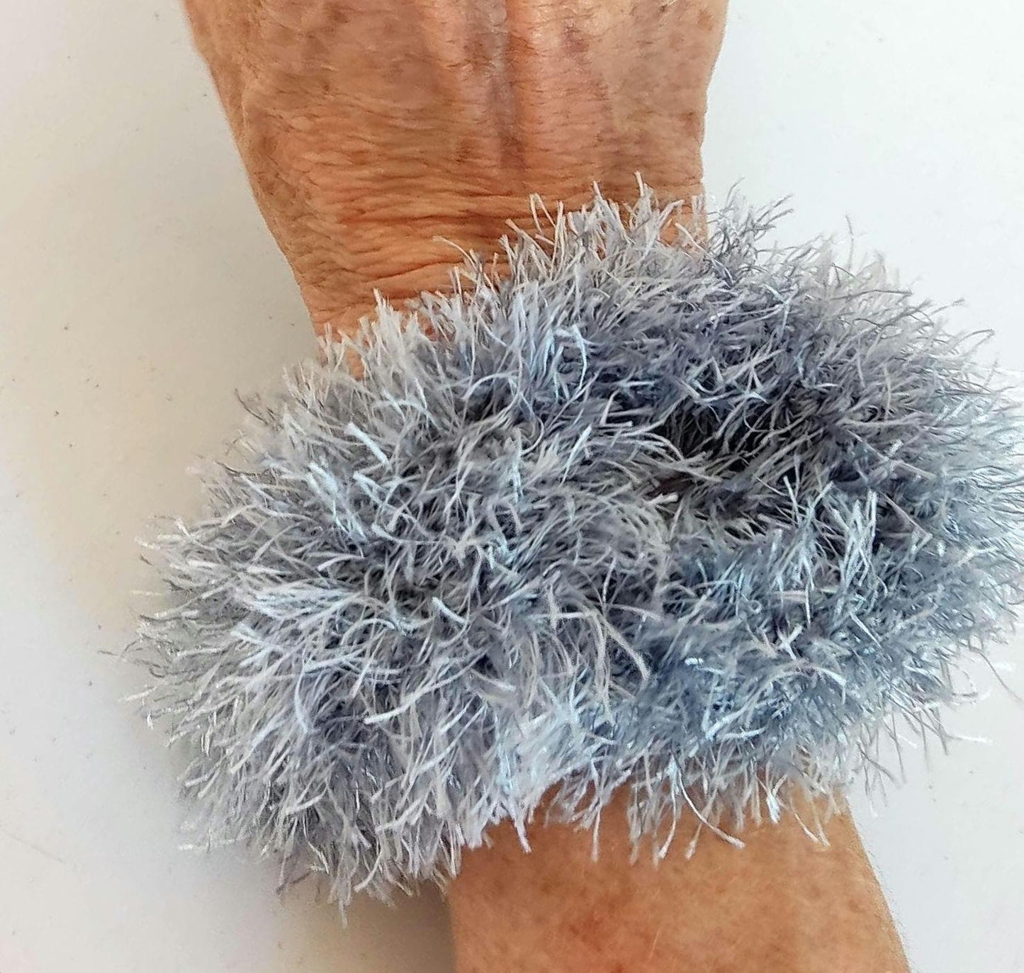 Gray Chunky Faux Fur Crochet Bracelet - Fluffy Cuff Bangle - StepToLight