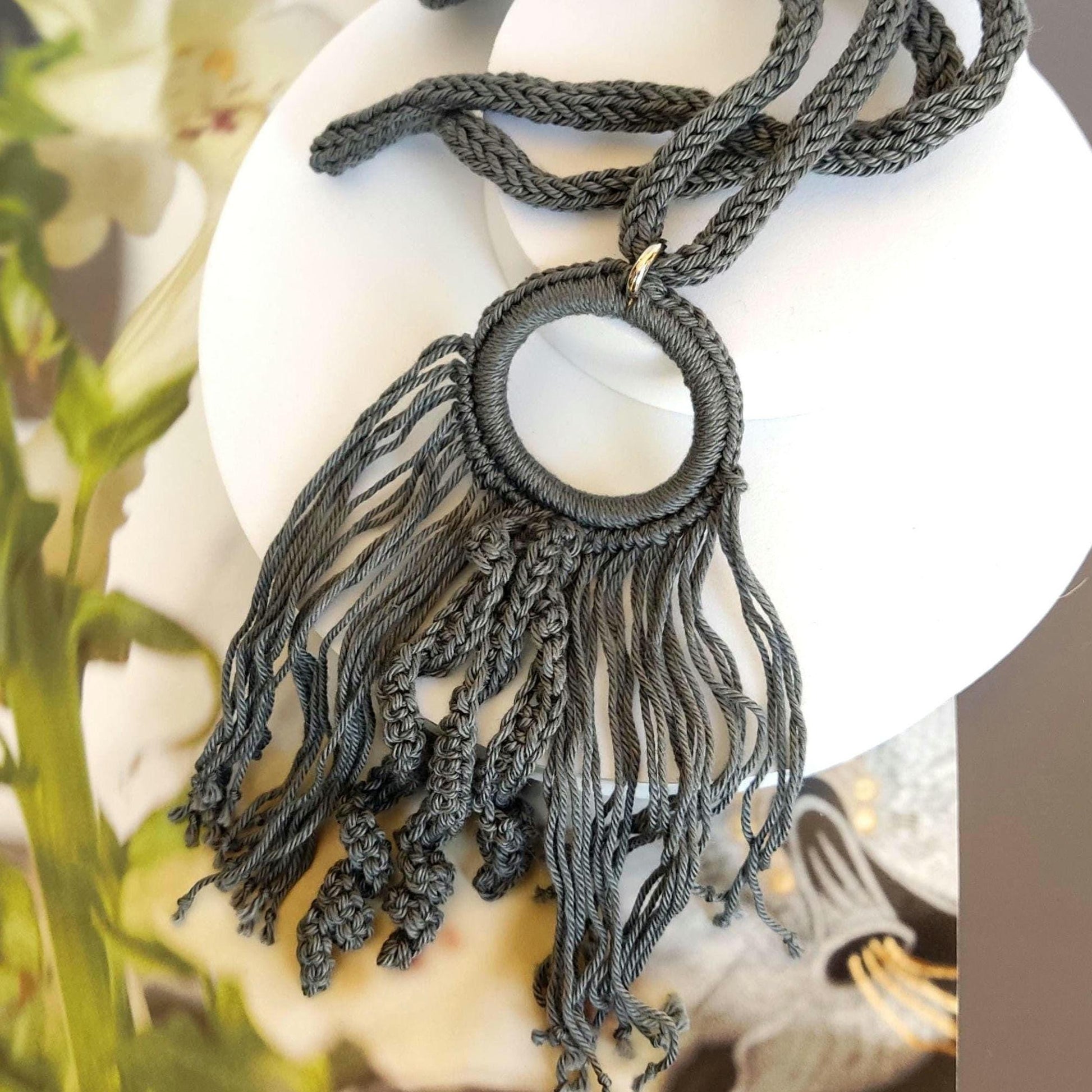 Gray Crochet Fringe Pendant Necklace - Handmade Boho Statement Jewelry - StepToLight