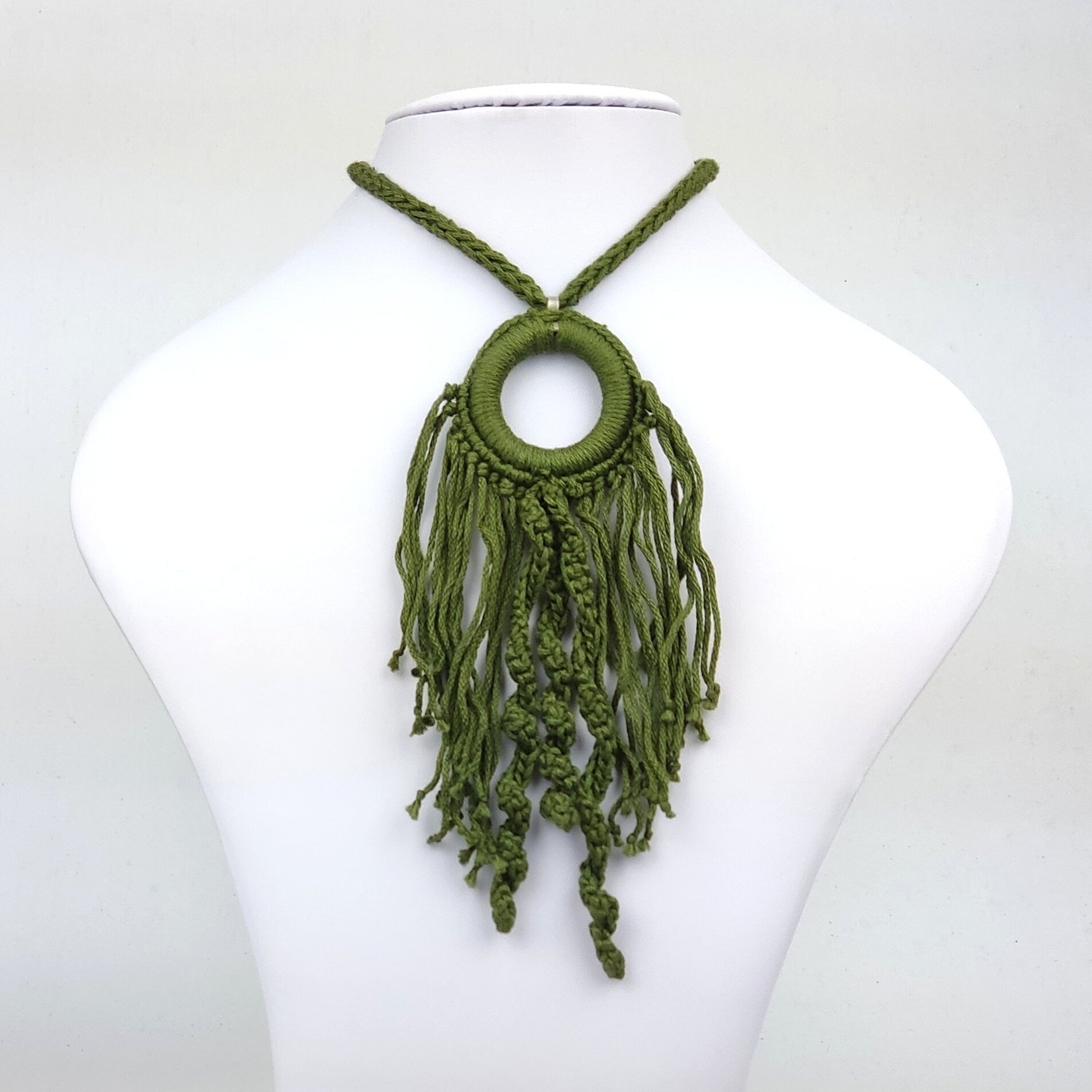 Gray Crochet Fringe Pendant Necklace - Handmade Boho Statement Jewelry - StepToLight