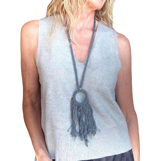 Gray Crochet Fringe Pendant Necklace - Handmade Boho Statement Jewelry - StepToLight