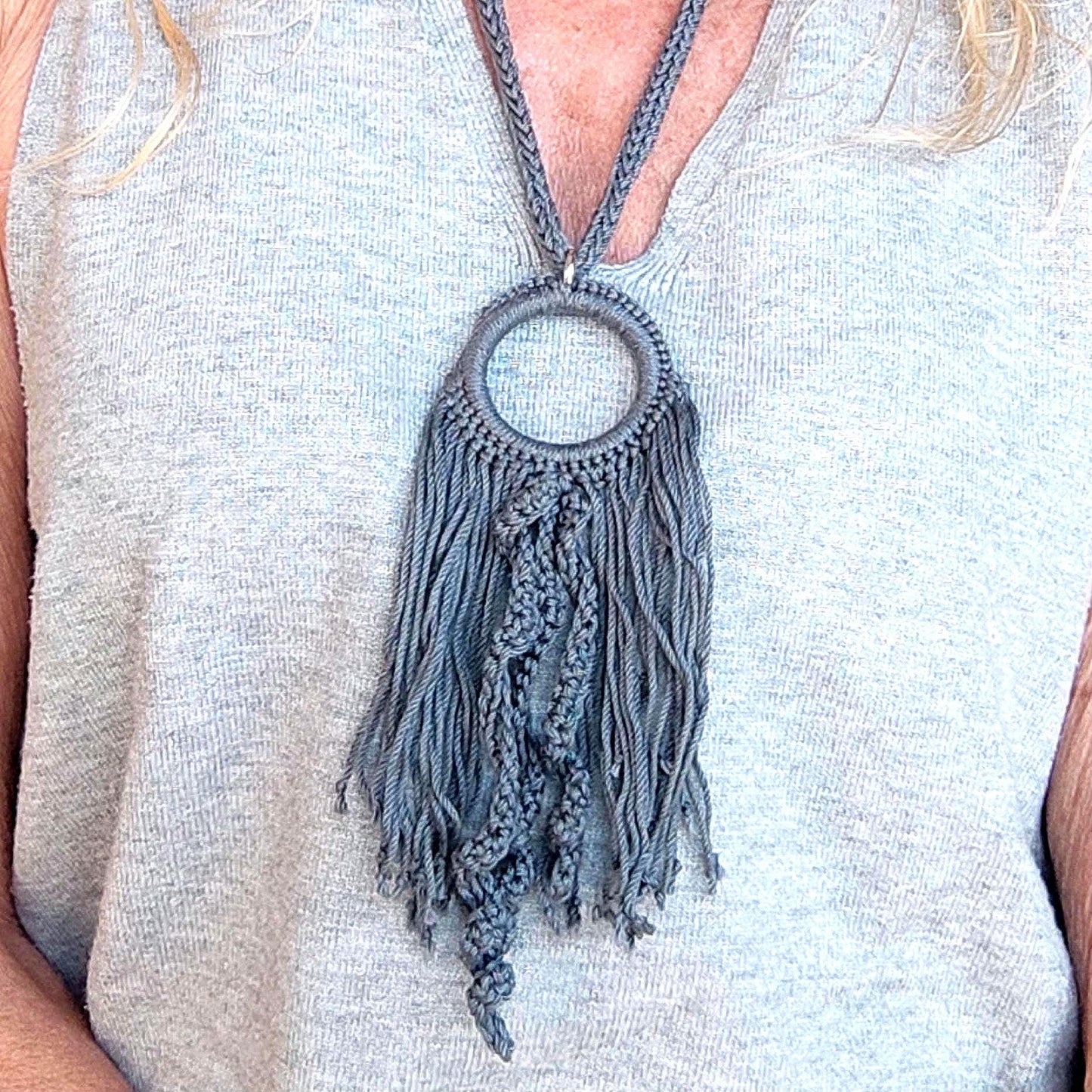 Gray Crochet Fringe Pendant Necklace - Handmade Boho Statement Jewelry - StepToLight