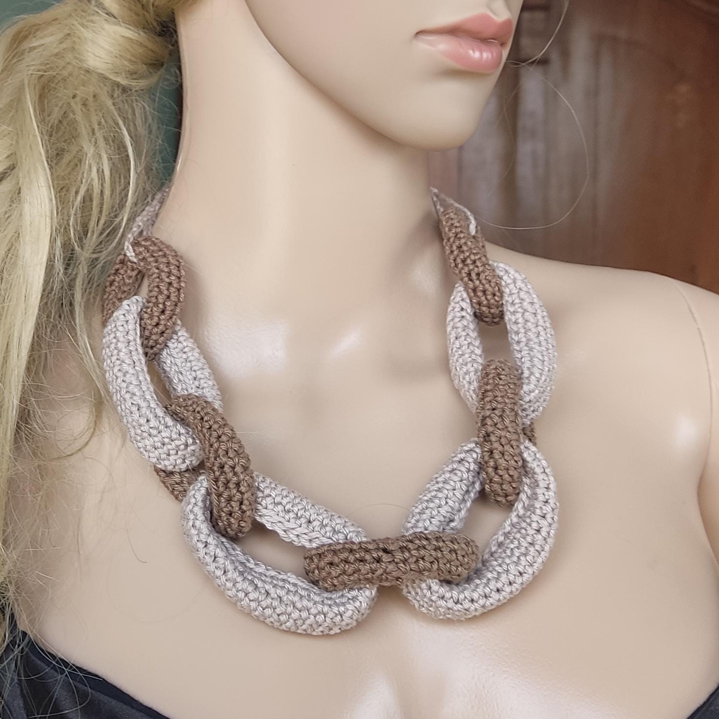Gray Green Braided Crochet Cuff Bracelet - Chunky Statement Jewelry - StepToLight